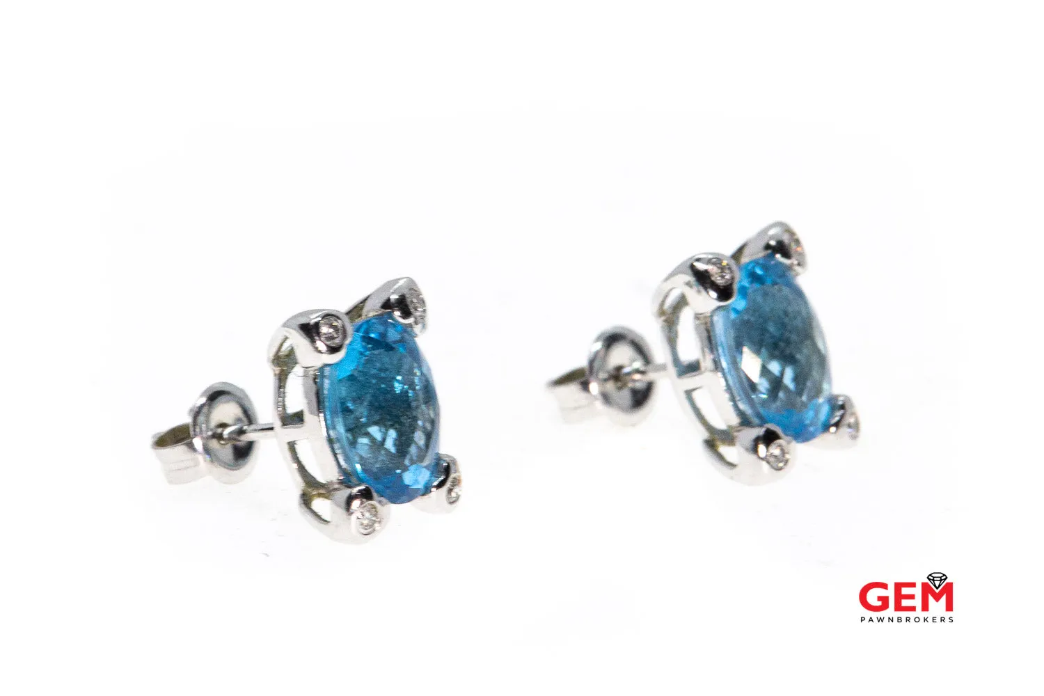 Effy BH Natural Oval Blue Topaz Diamond Accent Studs 14K 585 White Gold Earrings