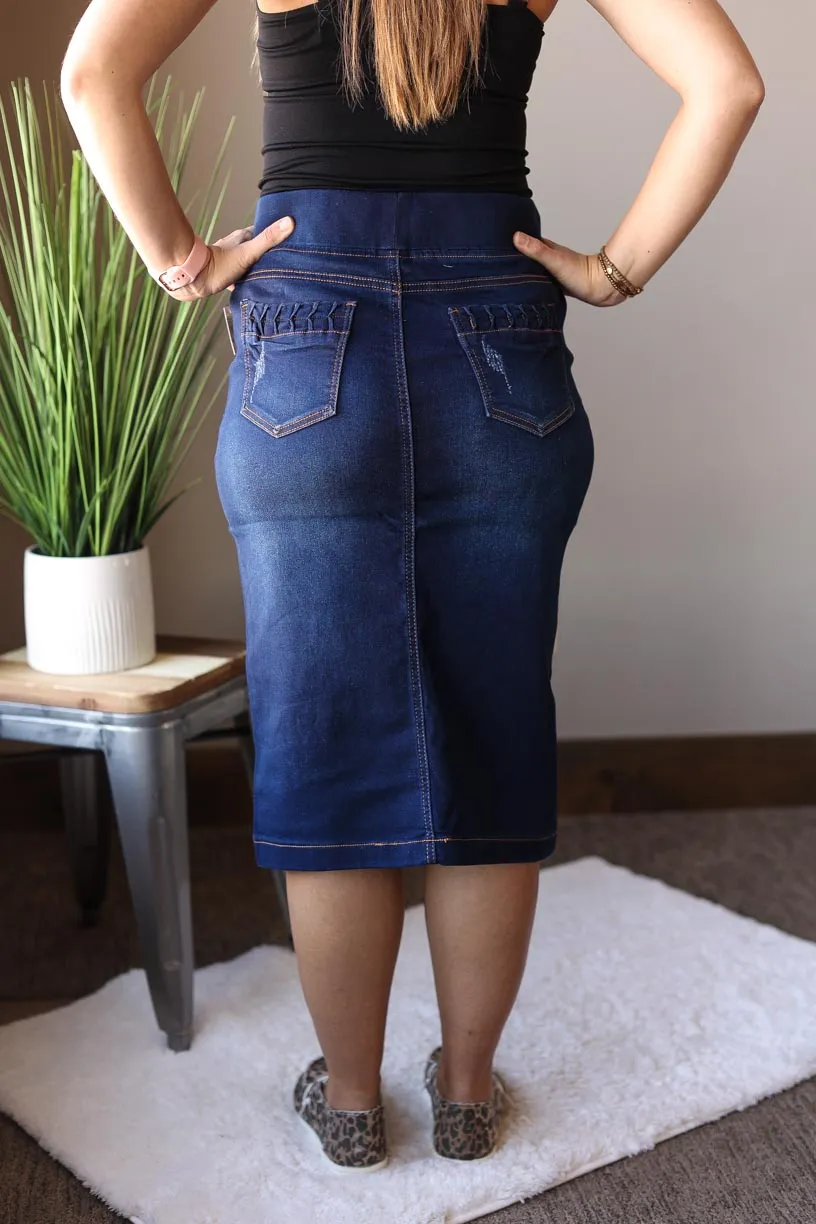 Elastic Waist Distressed Ruched Stretch Denim Skirt