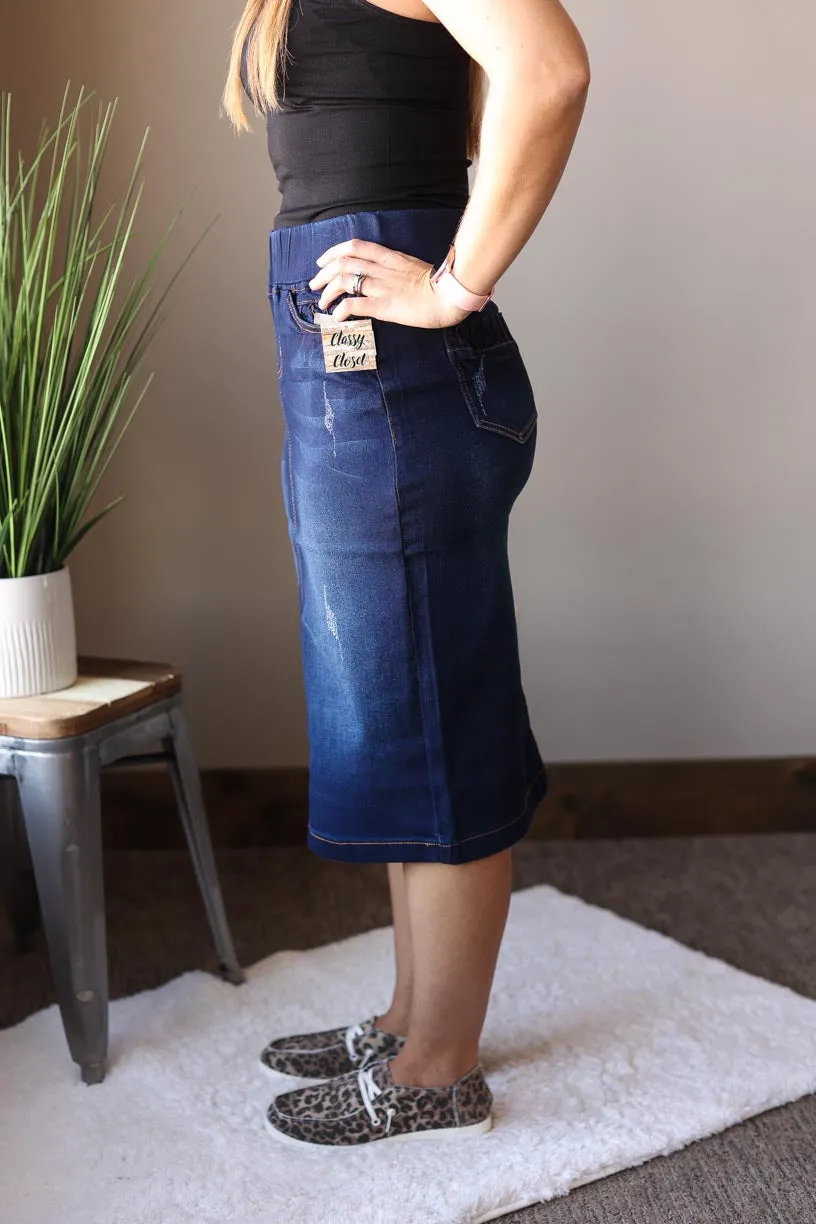 Elastic Waist Distressed Ruched Stretch Denim Skirt