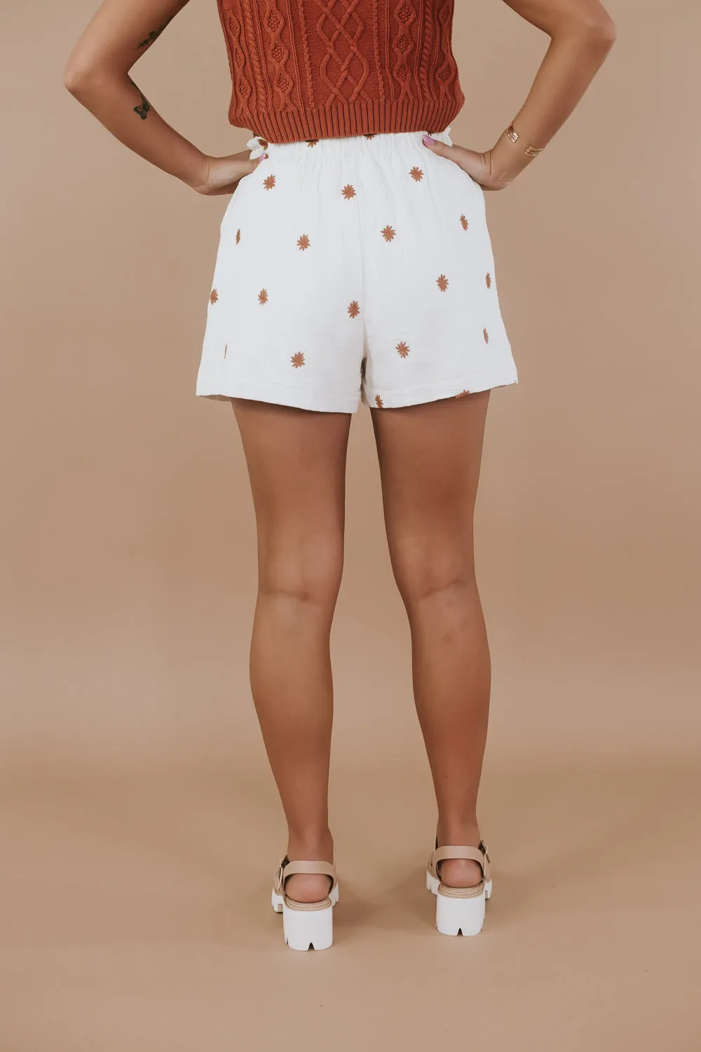 Embroidered Gauze Shorts, Cream