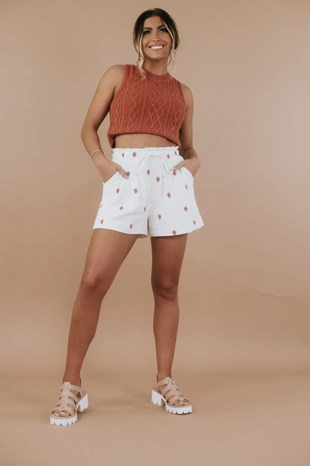 Embroidered Gauze Shorts, Cream