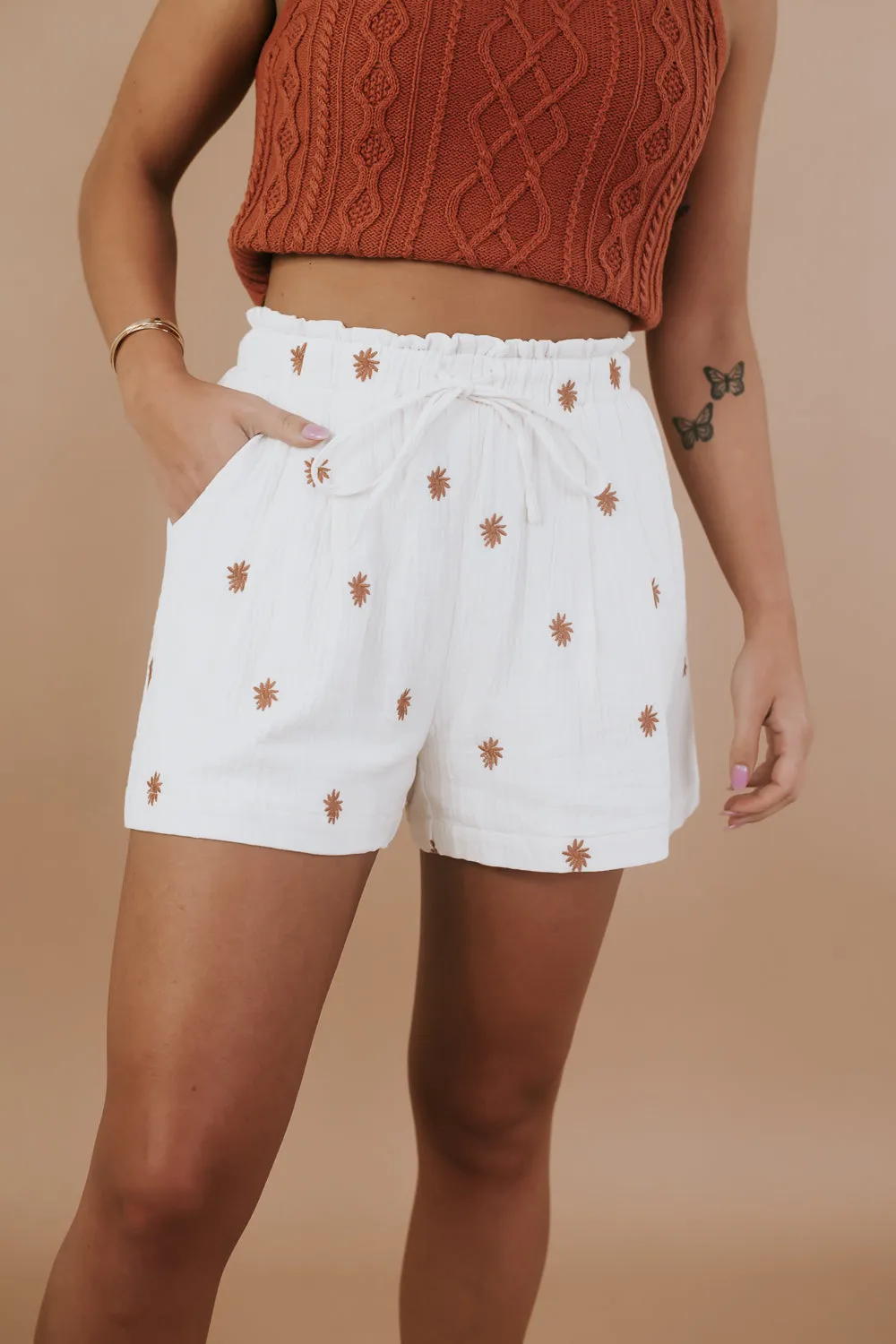 Embroidered Gauze Shorts, Cream