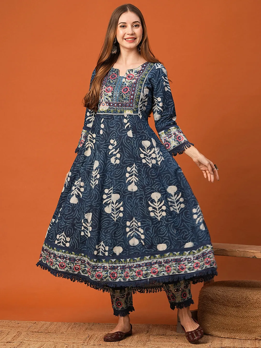 Ethnic Block Printed & Embroidered Anarkali & Kurta with Pant - Indigo