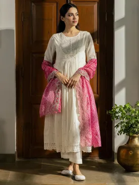 Ethnic Embroidered A-Line Pleated Kurta with Pant & Bandhani Printed Dupatta - White