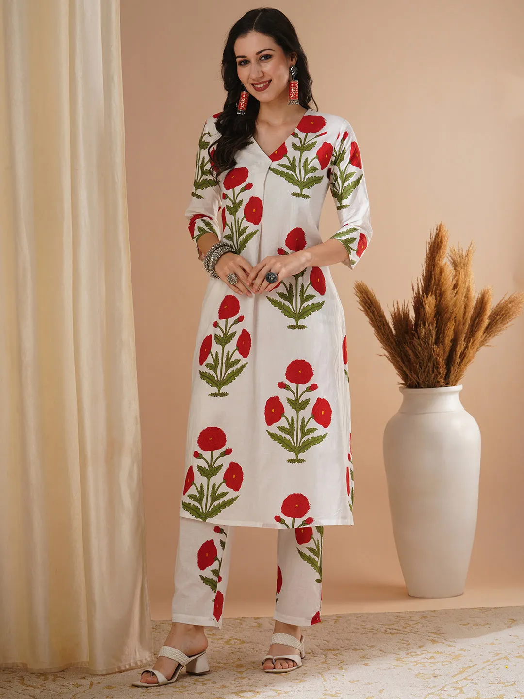 Ethnic Floral Block Printed A-Line Co-ord Set - Red