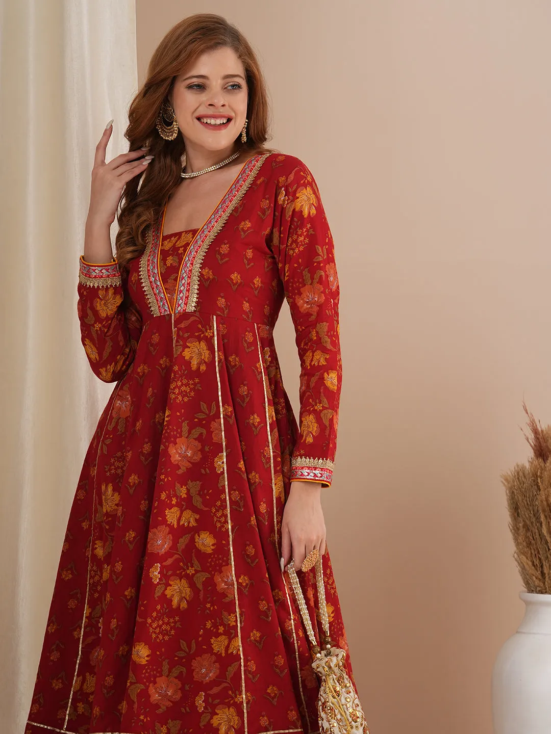 Ethnic Floral Printed & Embroidered Anarkali Kurta with Pant - Red