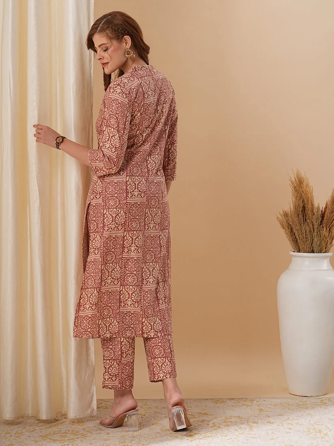 Ethnic Floral Printed Pin Tucked A-Line Co-ord Set - Brown