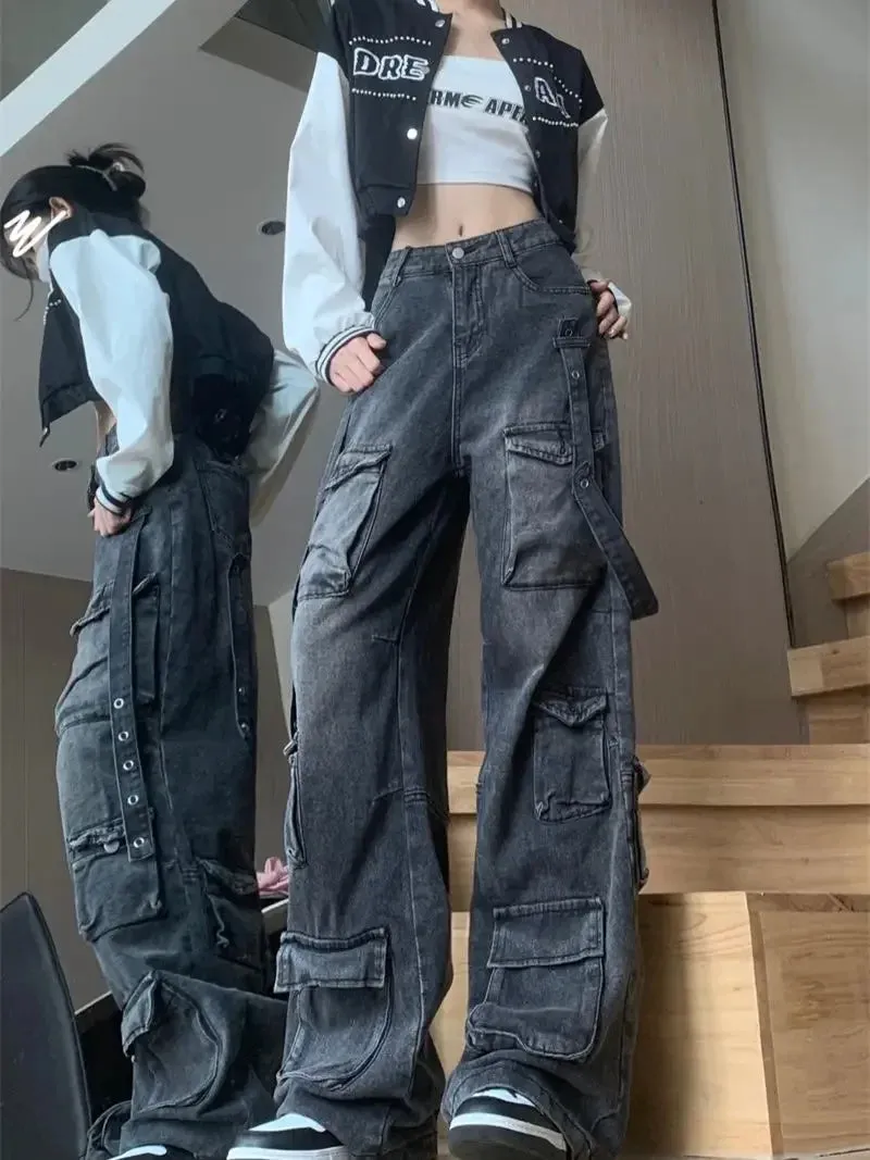 Fashion Multi-pocket Design Street Jeans Women Wide Legs Loose Washed Old Pants