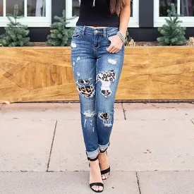 Fashion Women&#39;s High Waist Ripped Hole Distressed Leopard Splicing Stretch Denim Pants Skinny Jeans Trousers