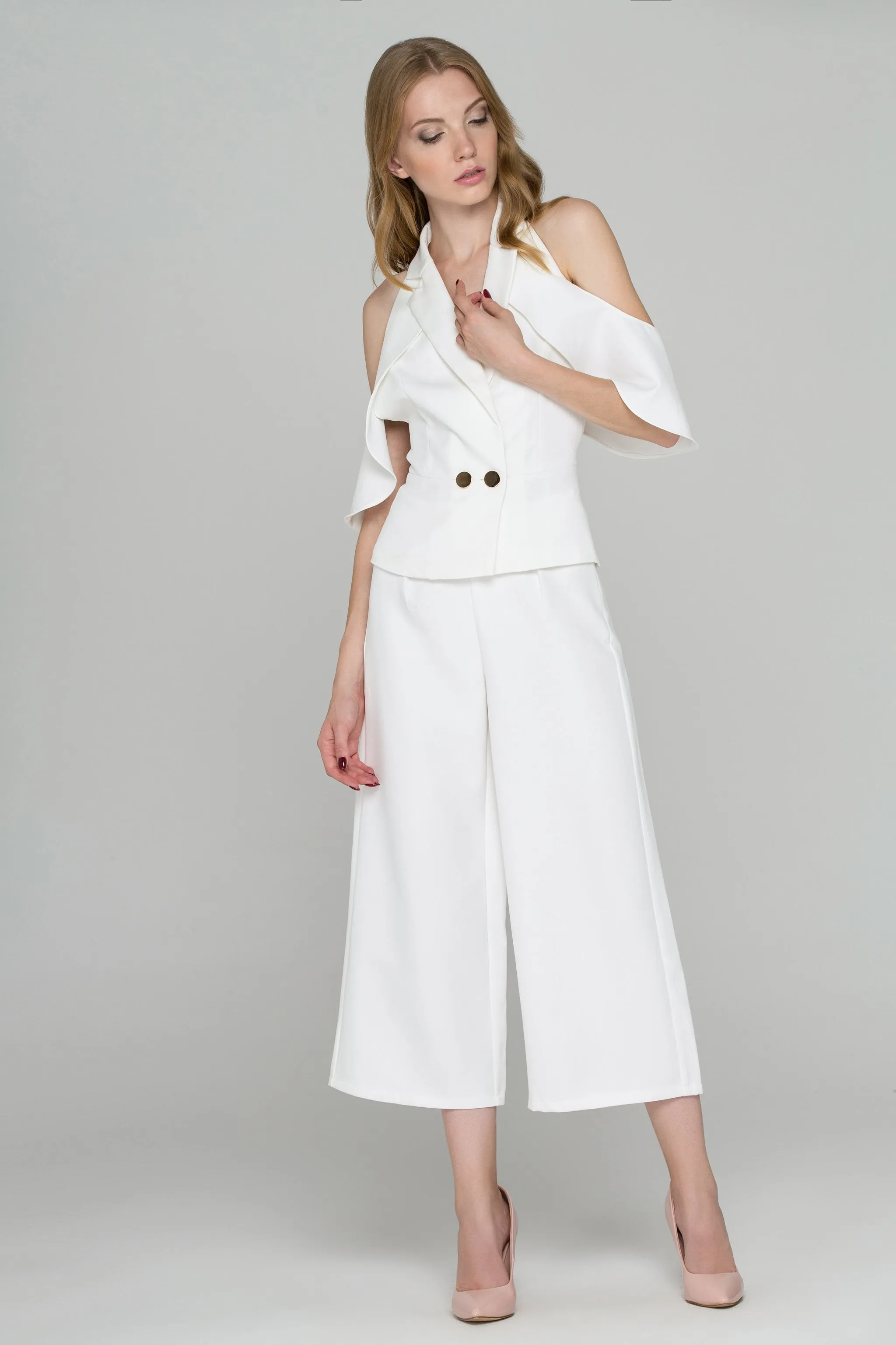 Fatima Almomen - White Ruffle Backless Two Piece Jumpsuit