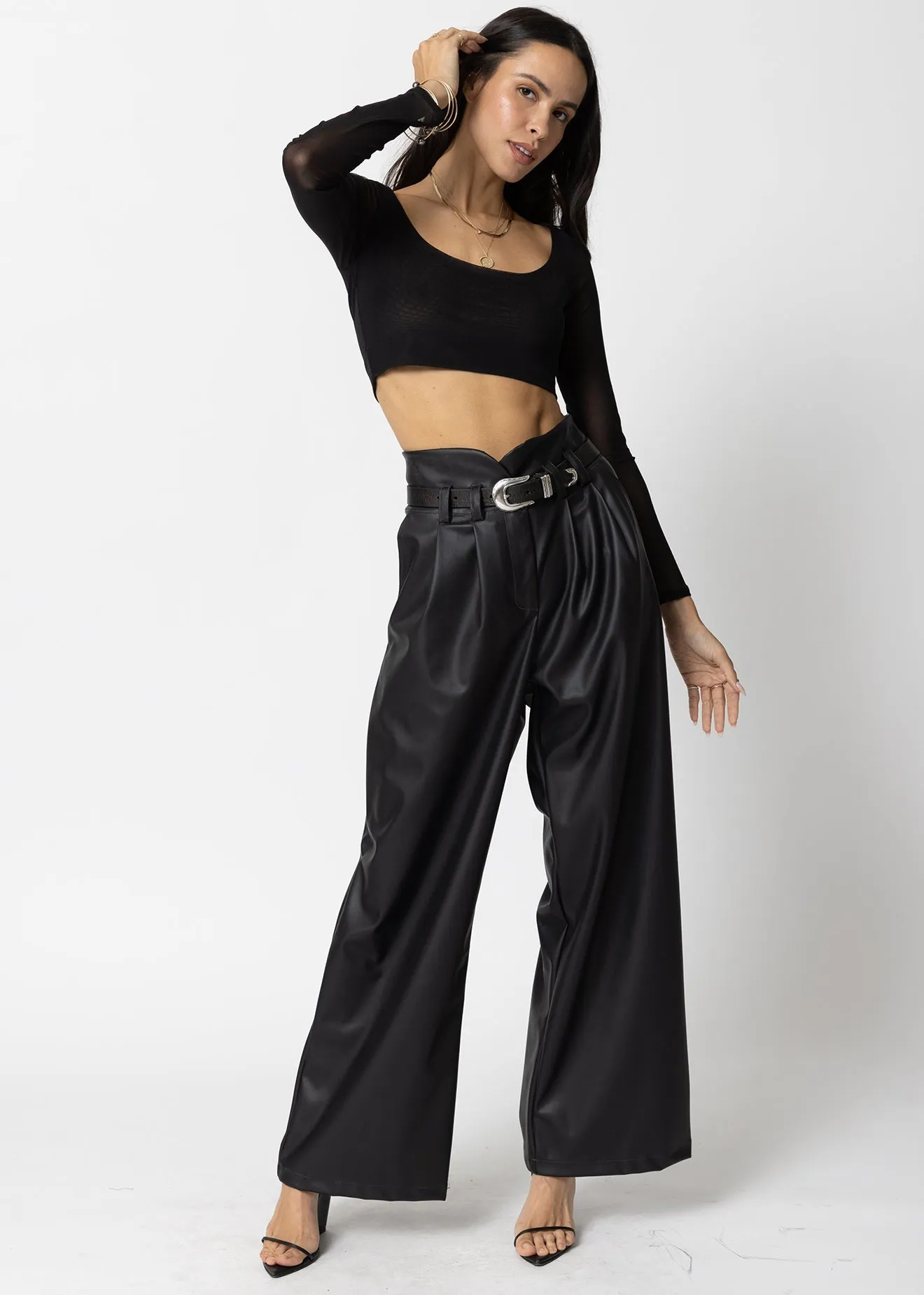 FAUX LEATHER KNOTCH WAIST PANT