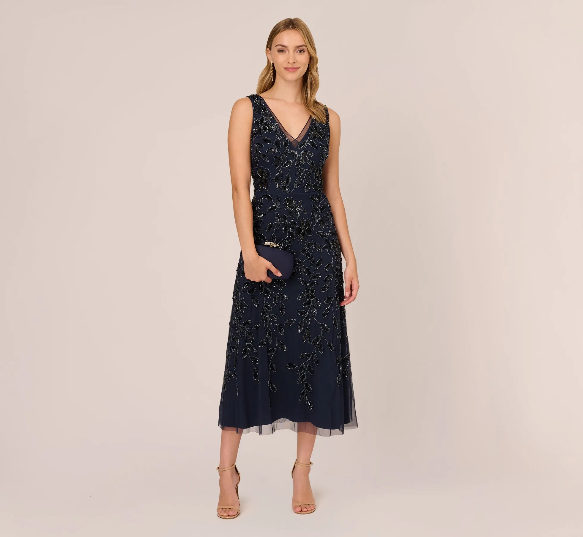 Floral Beaded Ankle Length Sleeveless Gown In Navy