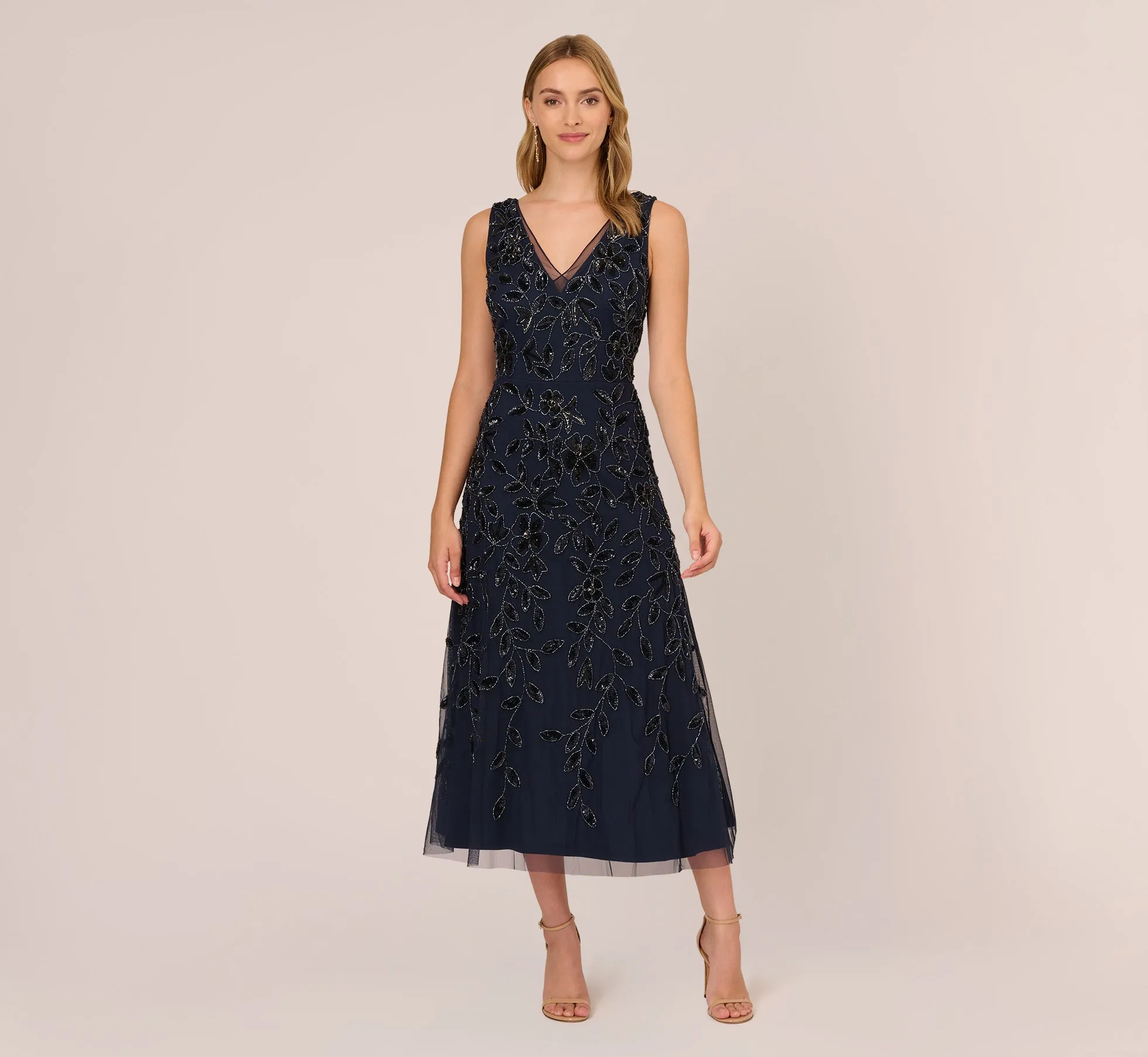 Floral Beaded Ankle Length Sleeveless Gown In Navy