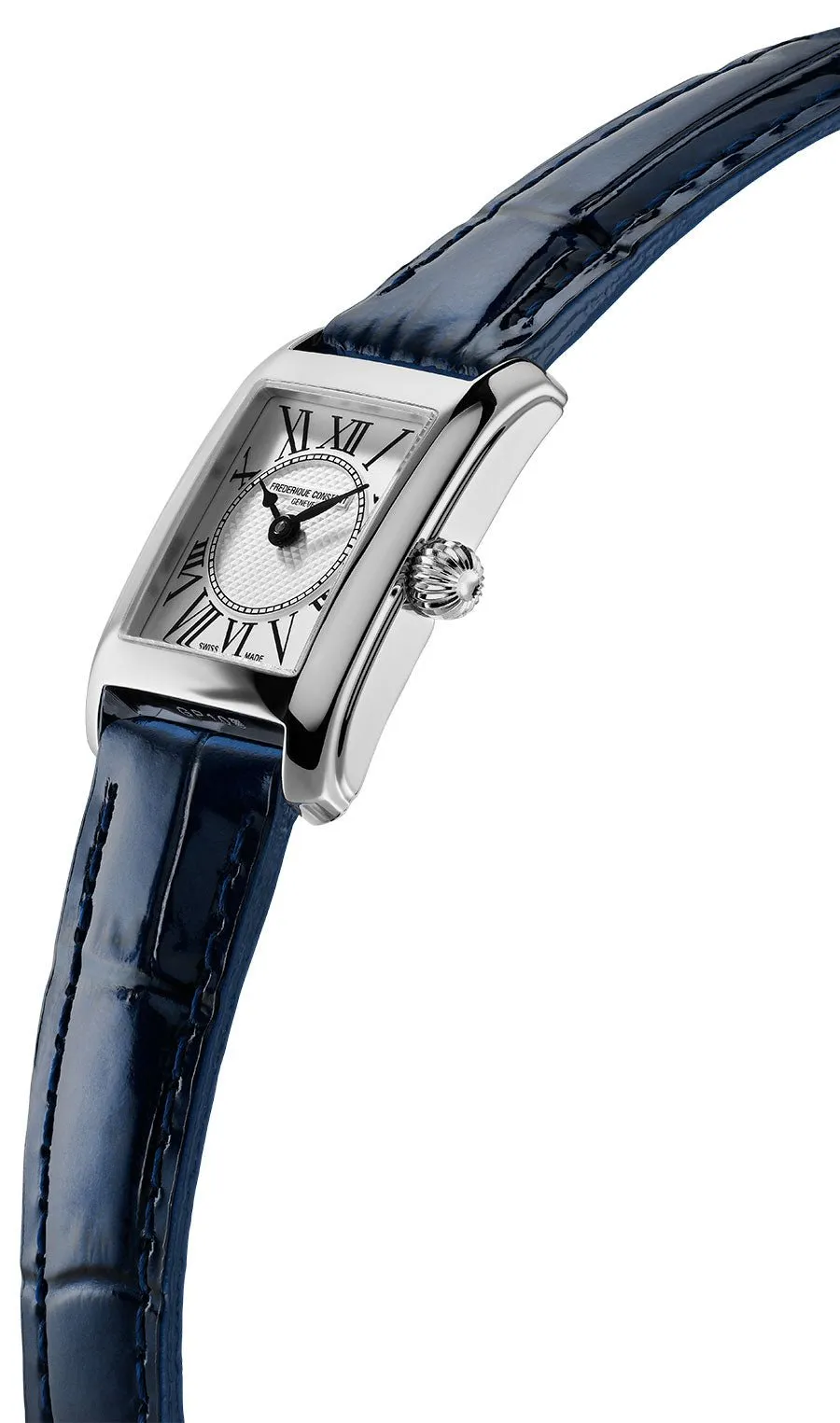 Frederique Constant Classics Carree Stainless Steel Rectangle Case Blue Leather Strap Silver Dial Quartz Womens Watch FC-200MC16