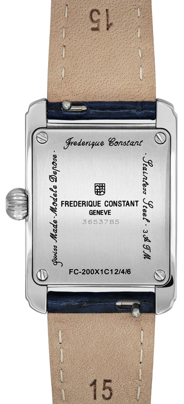 Frederique Constant Classics Carree Stainless Steel Rectangle Case Blue Leather Strap Silver Dial Quartz Womens Watch FC-200MC16