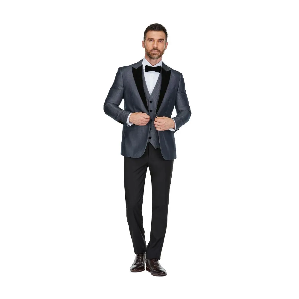 Gino Vitale Men's 3-Piece Peak Lapel Velvet Trim Tuxedo with Subtle Sheen