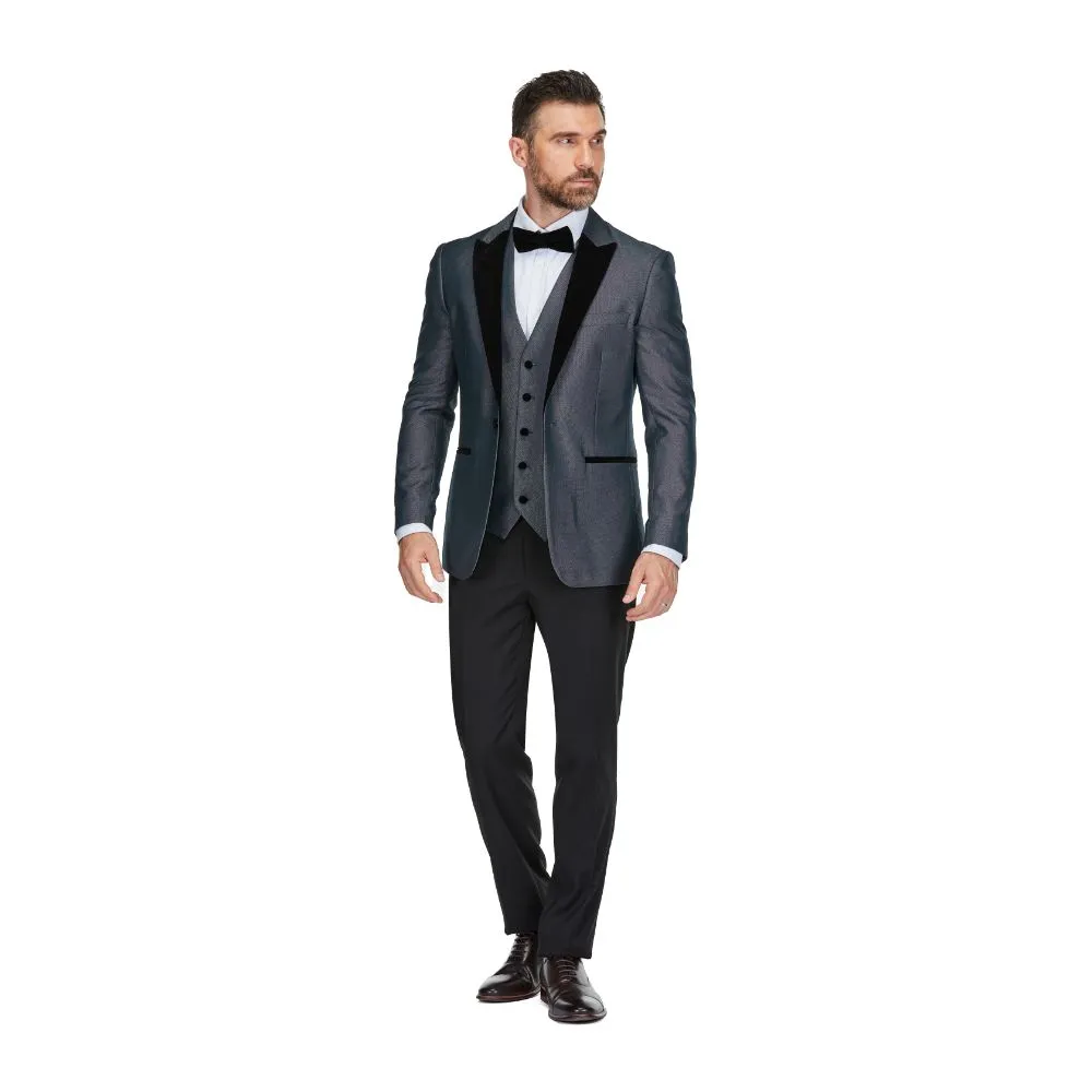 Gino Vitale Men's 3-Piece Peak Lapel Velvet Trim Tuxedo with Subtle Sheen