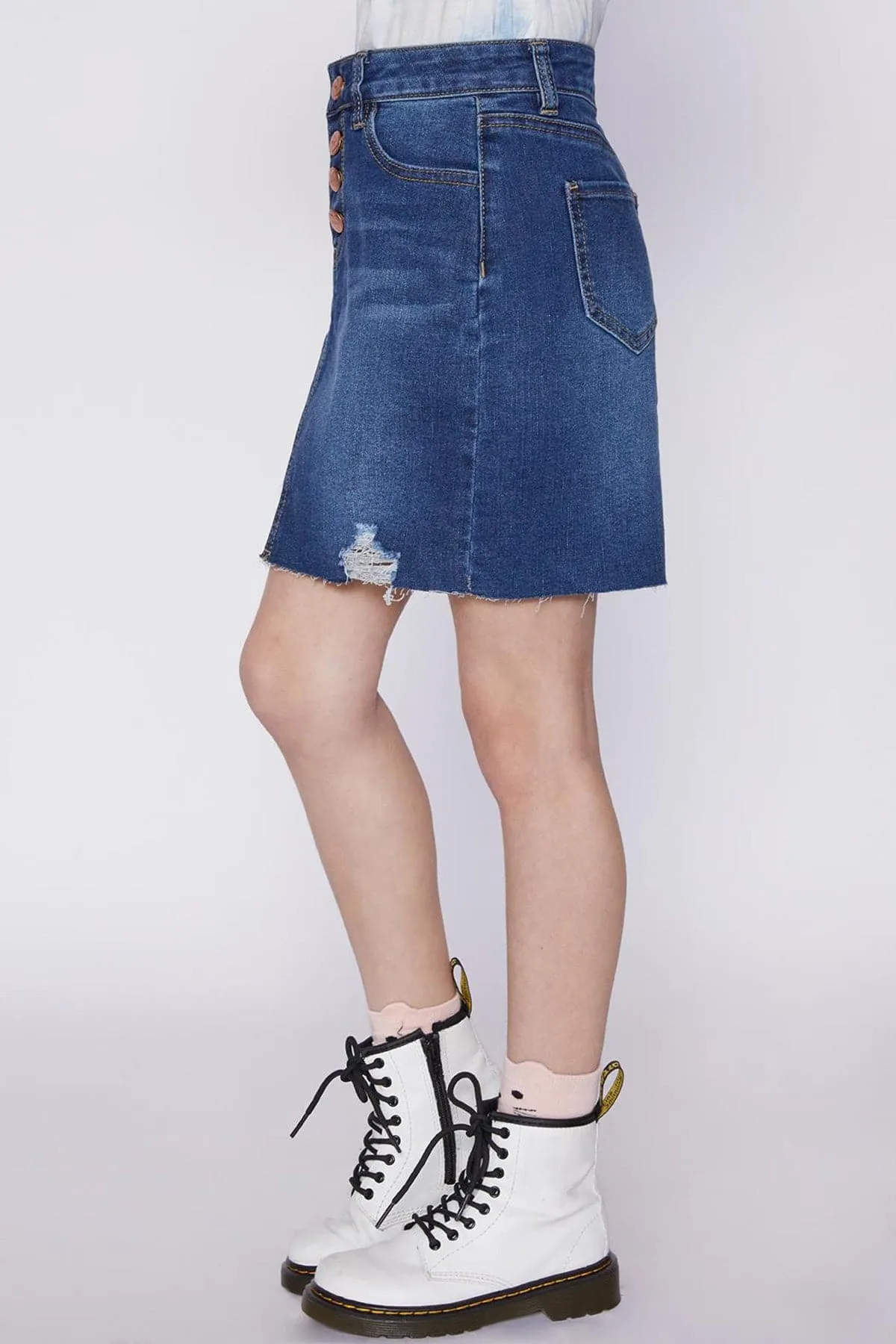 Girls Four Button Denim Skirt With Distressed Details