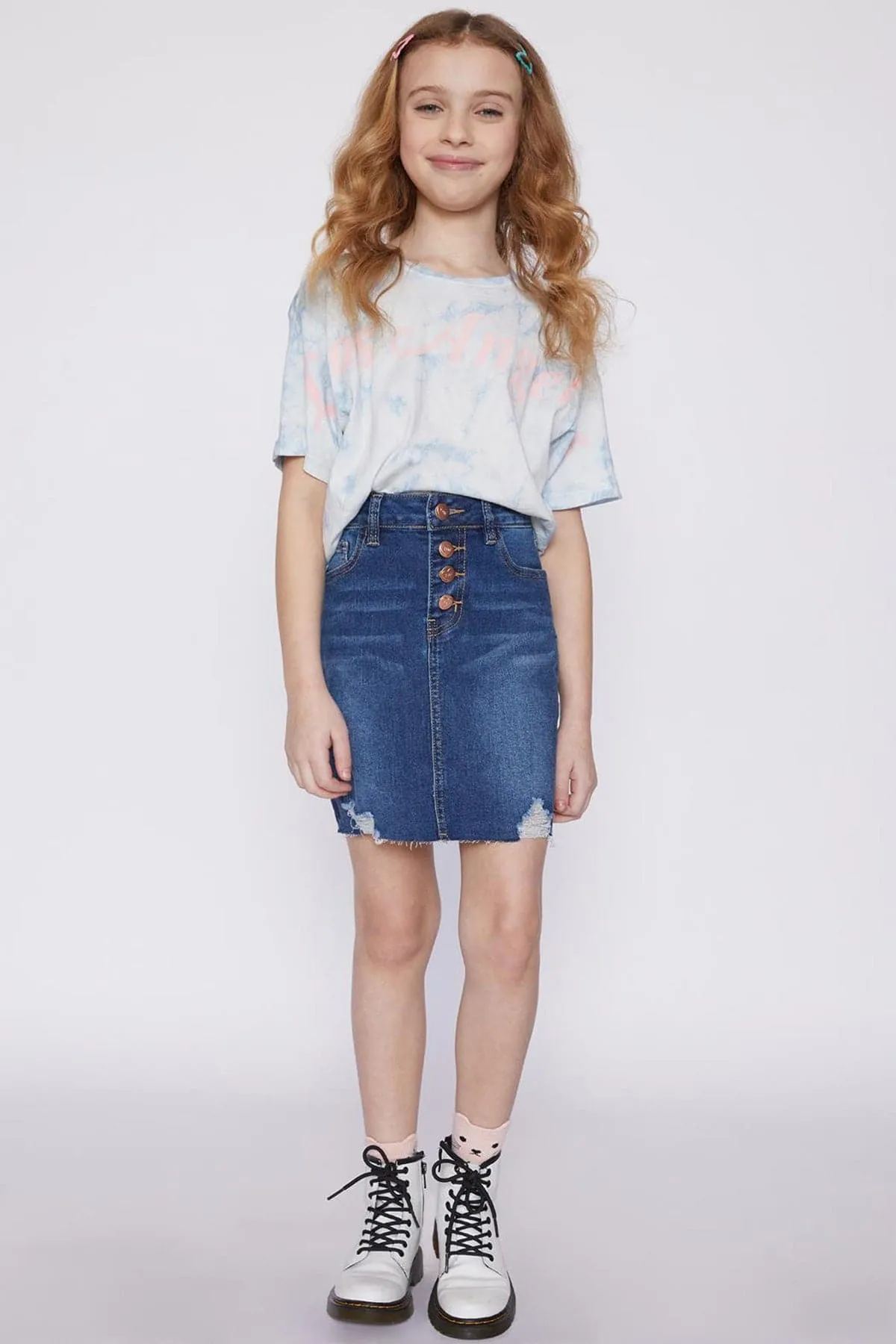 Girls Four Button Denim Skirt With Distressed Details