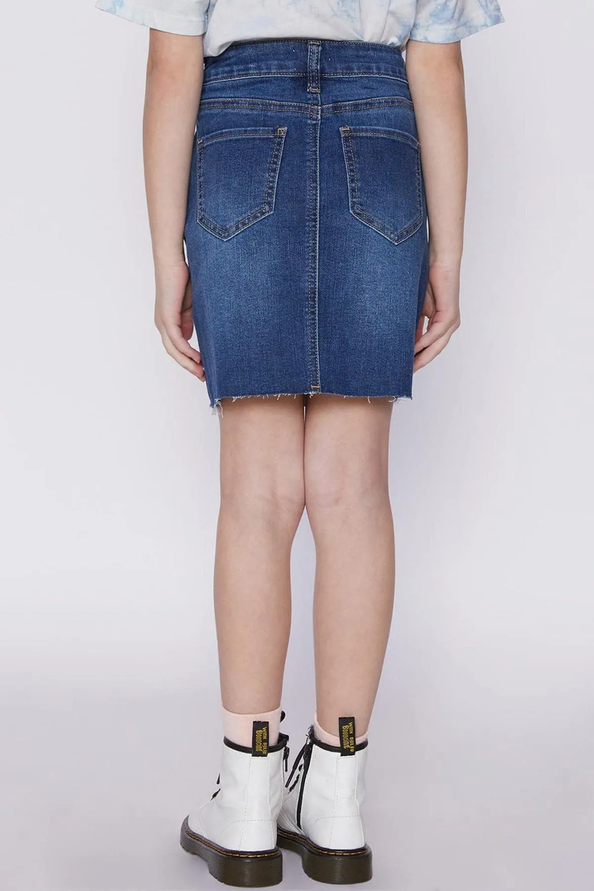 Girls Four Button Denim Skirt With Distressed Details