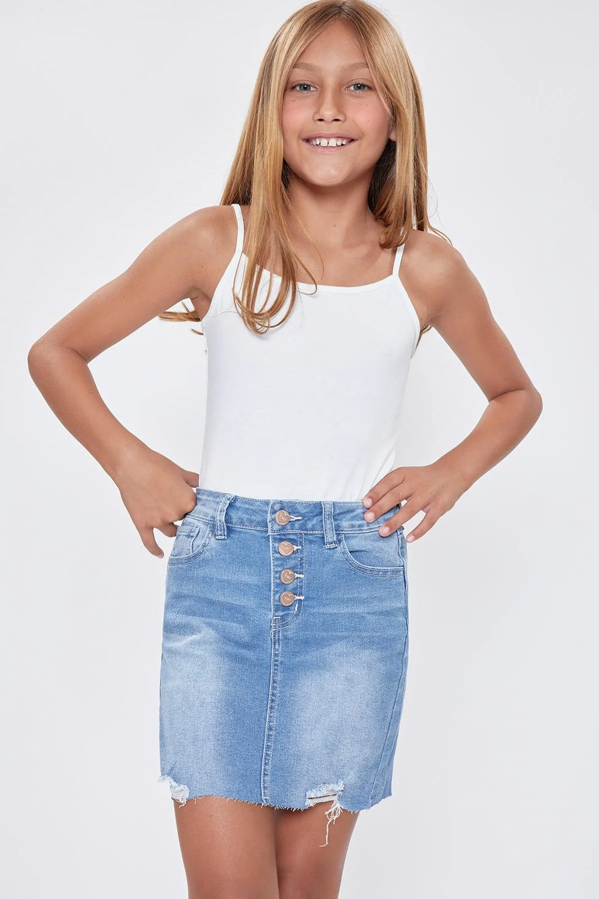 Girls Four Button Denim Skirt With Distressed Details