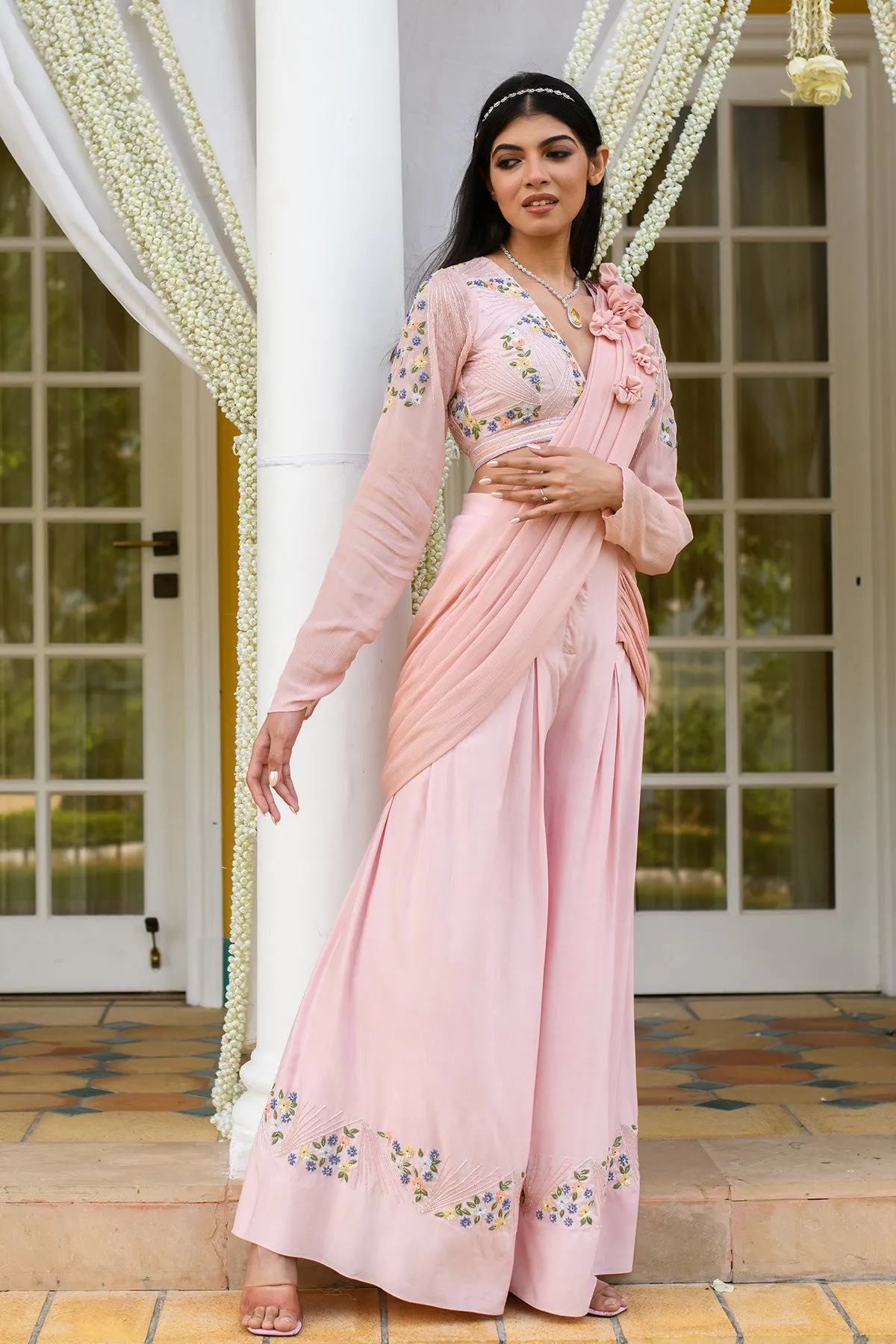 GOLNAZ - Embroidered Vortex Pink Sharara Saree Set of 3