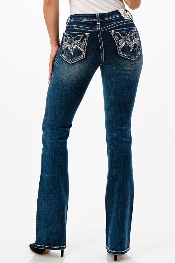 Grace In LA Cow Head Embroidery Mid Rise Boot Cut EB51733