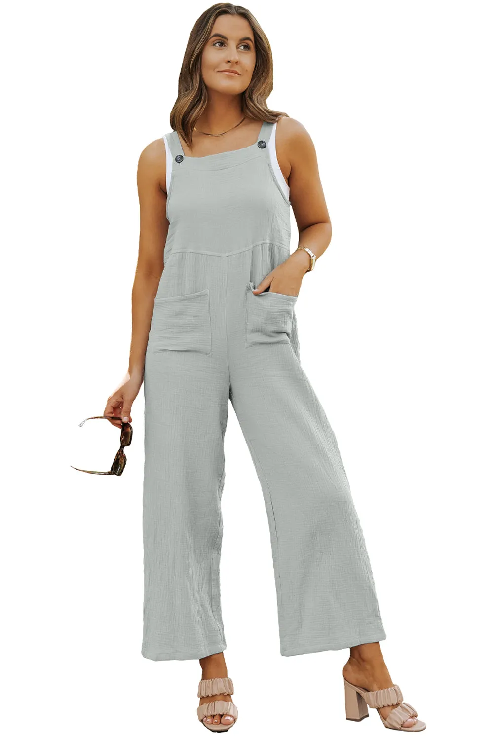 Gray Textured Wide Leg Overall with Pockets