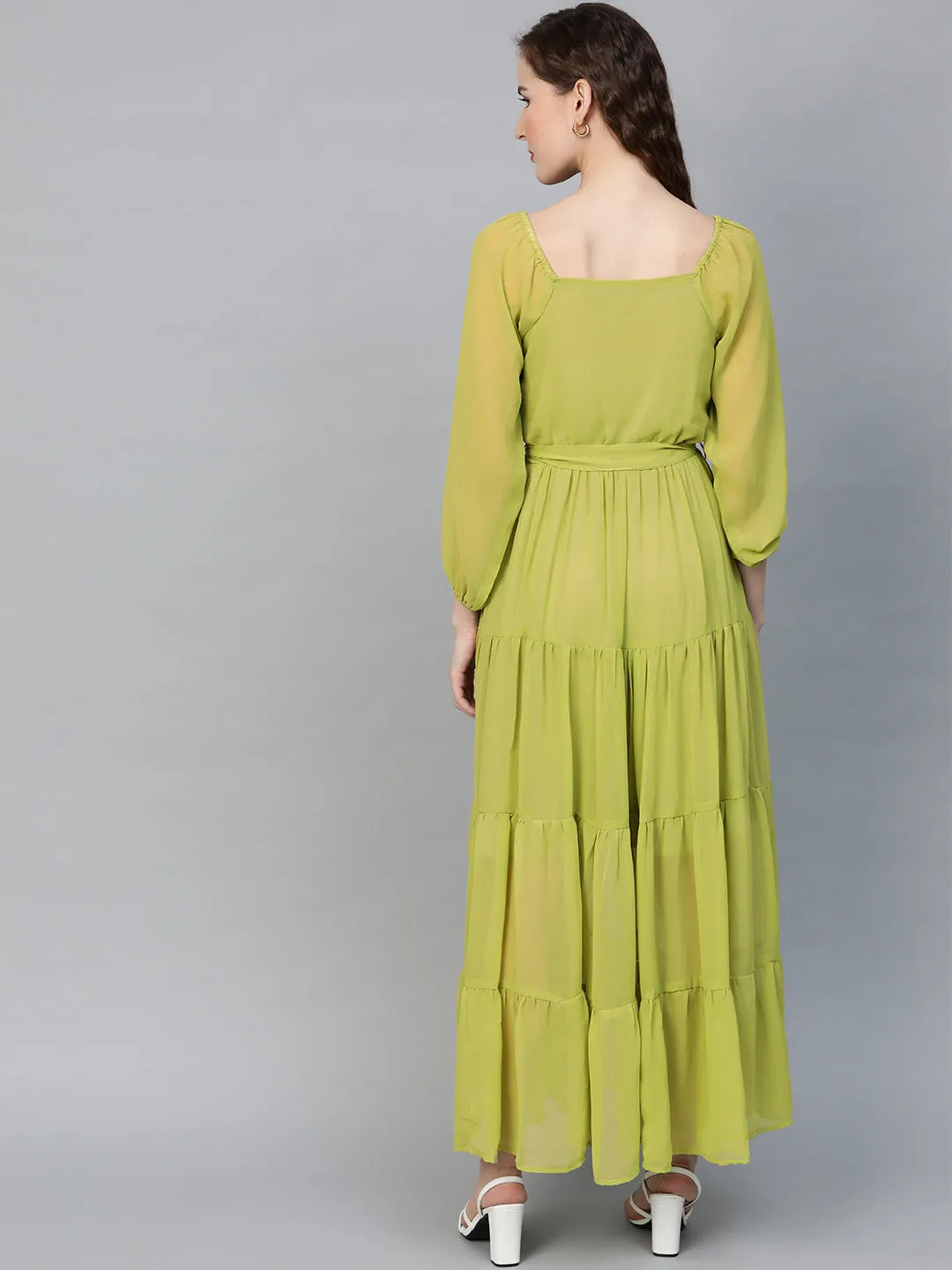 Green Square Neck Tiered Maxi Dress