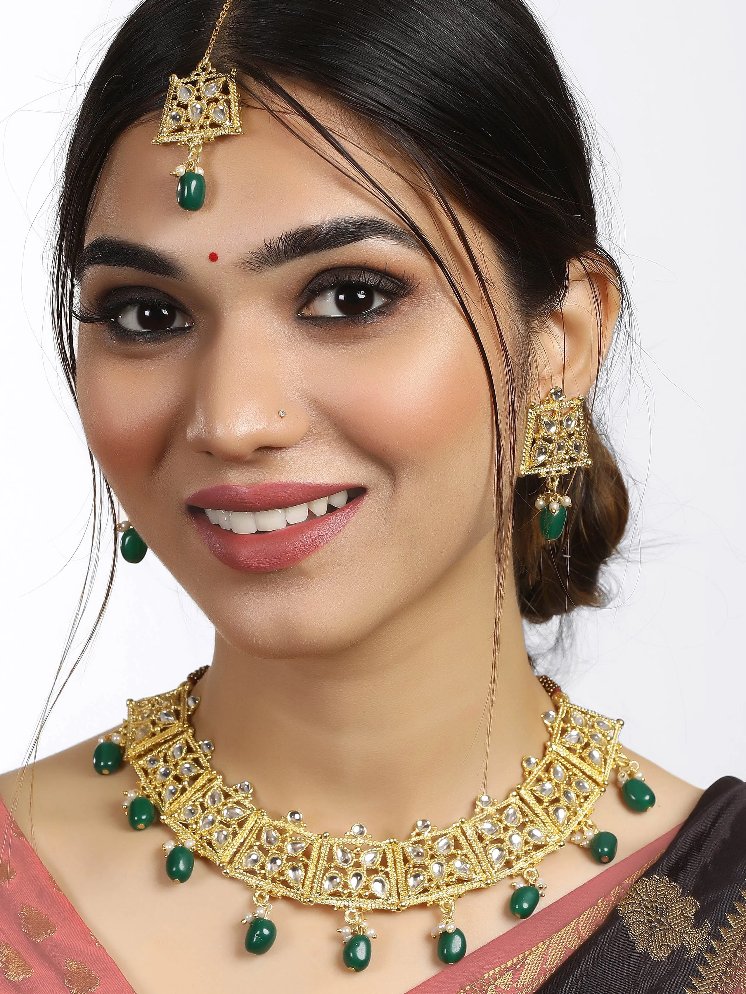 Green Stone Studded Gold-Plated Kundan Necklace Set