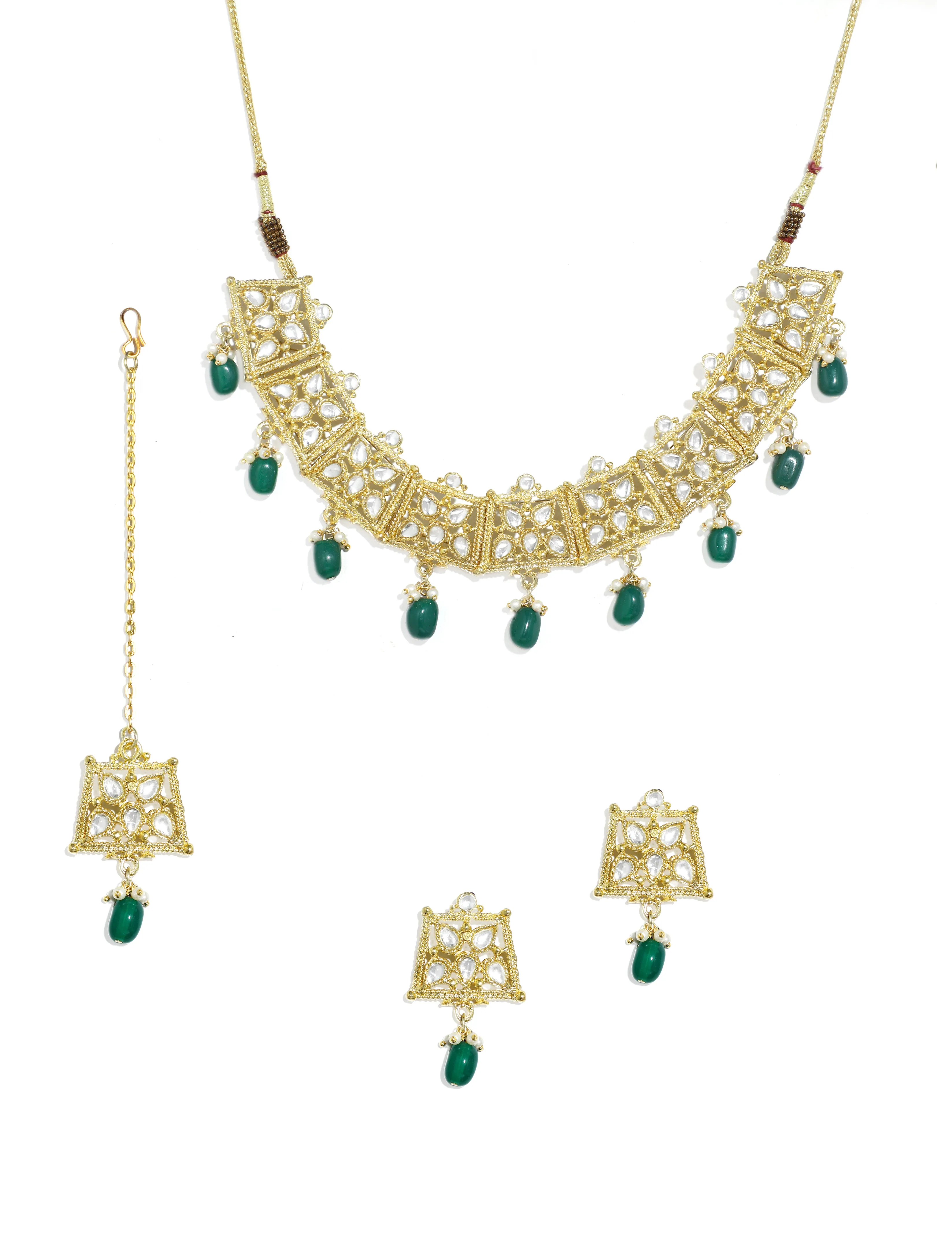 Green Stone Studded Gold-Plated Kundan Necklace Set