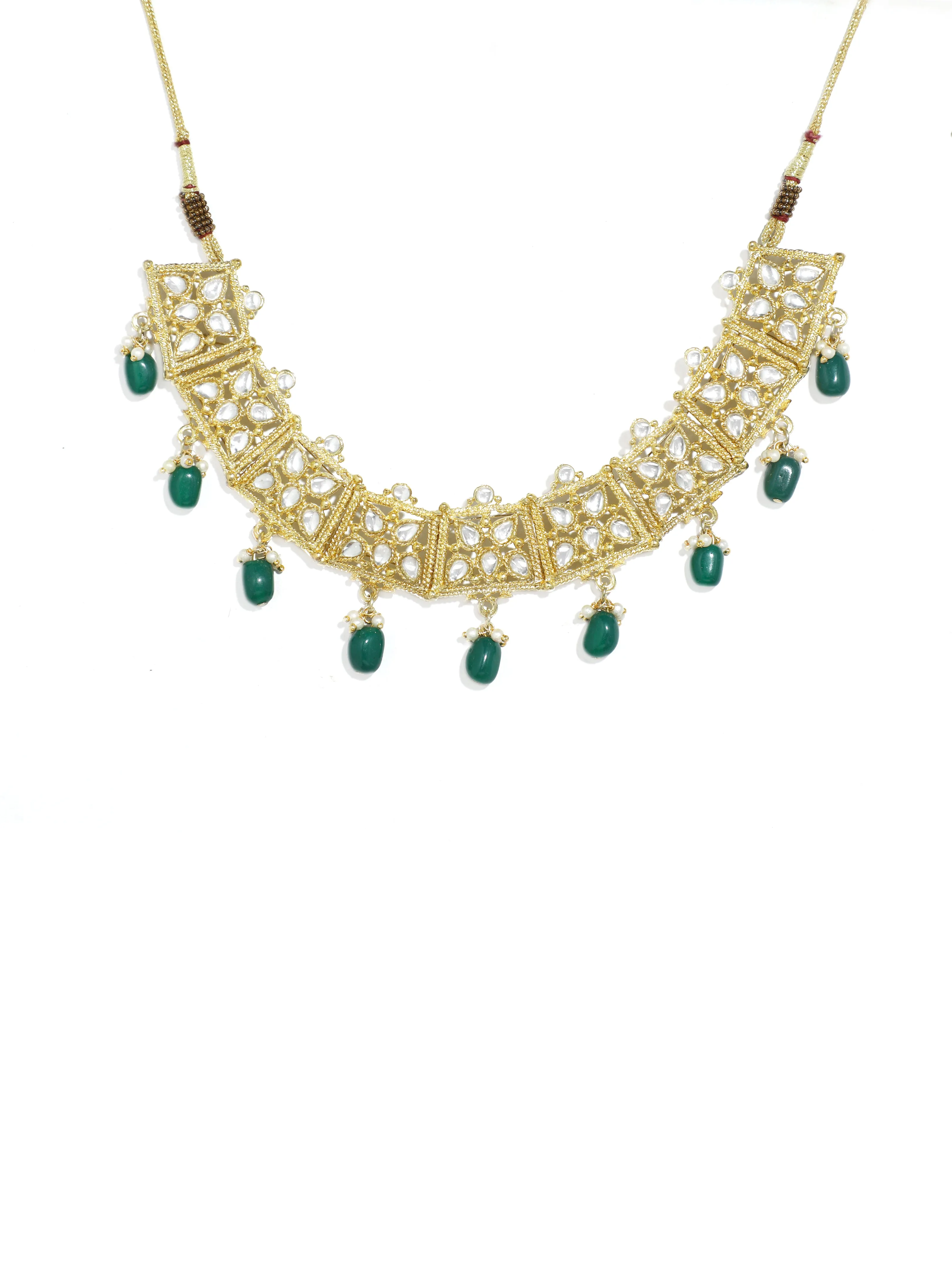 Green Stone Studded Gold-Plated Kundan Necklace Set