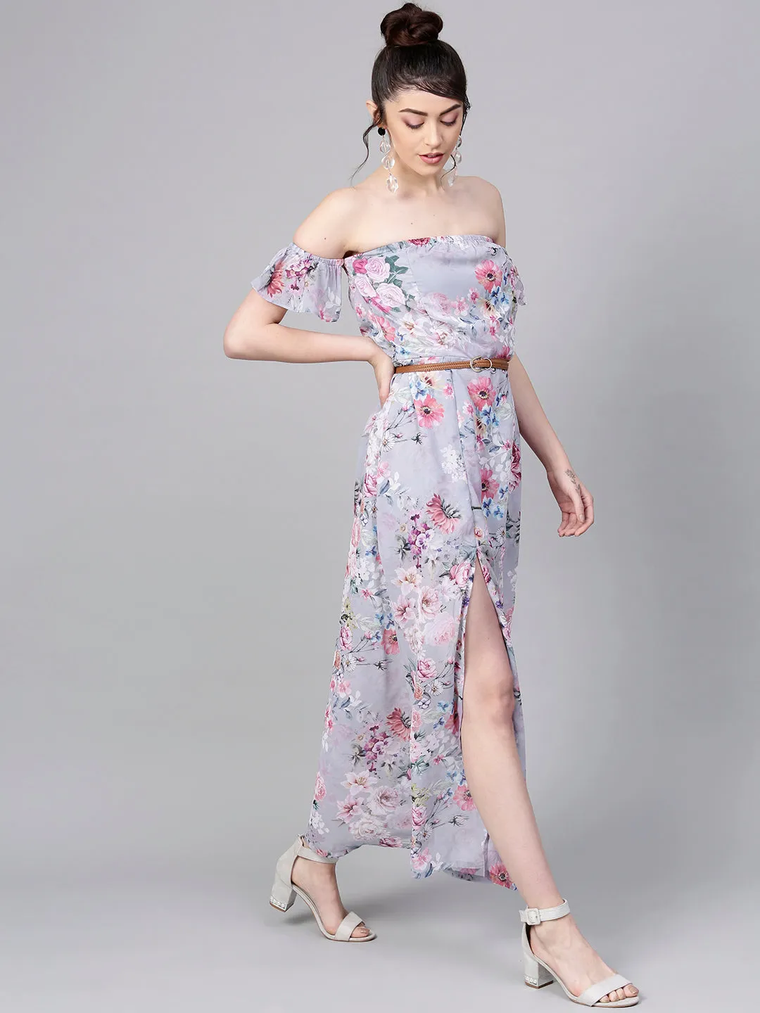 Grey Floral Off Shoulder Belted Maxi