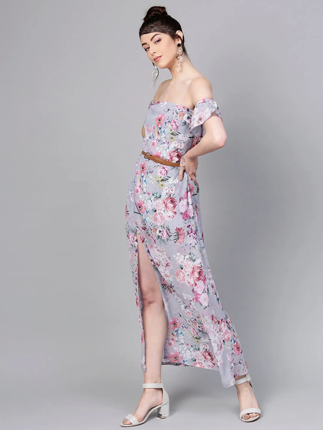 Grey Floral Off Shoulder Belted Maxi