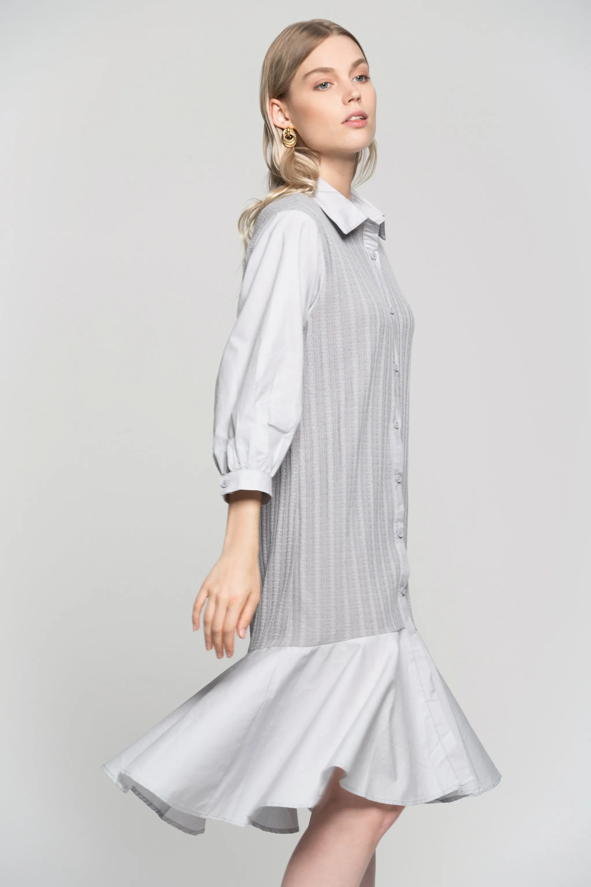 Grey Soft Button Up Pleated Midi Dress