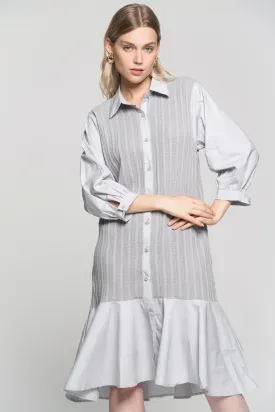 Grey Soft Button Up Pleated Midi Dress