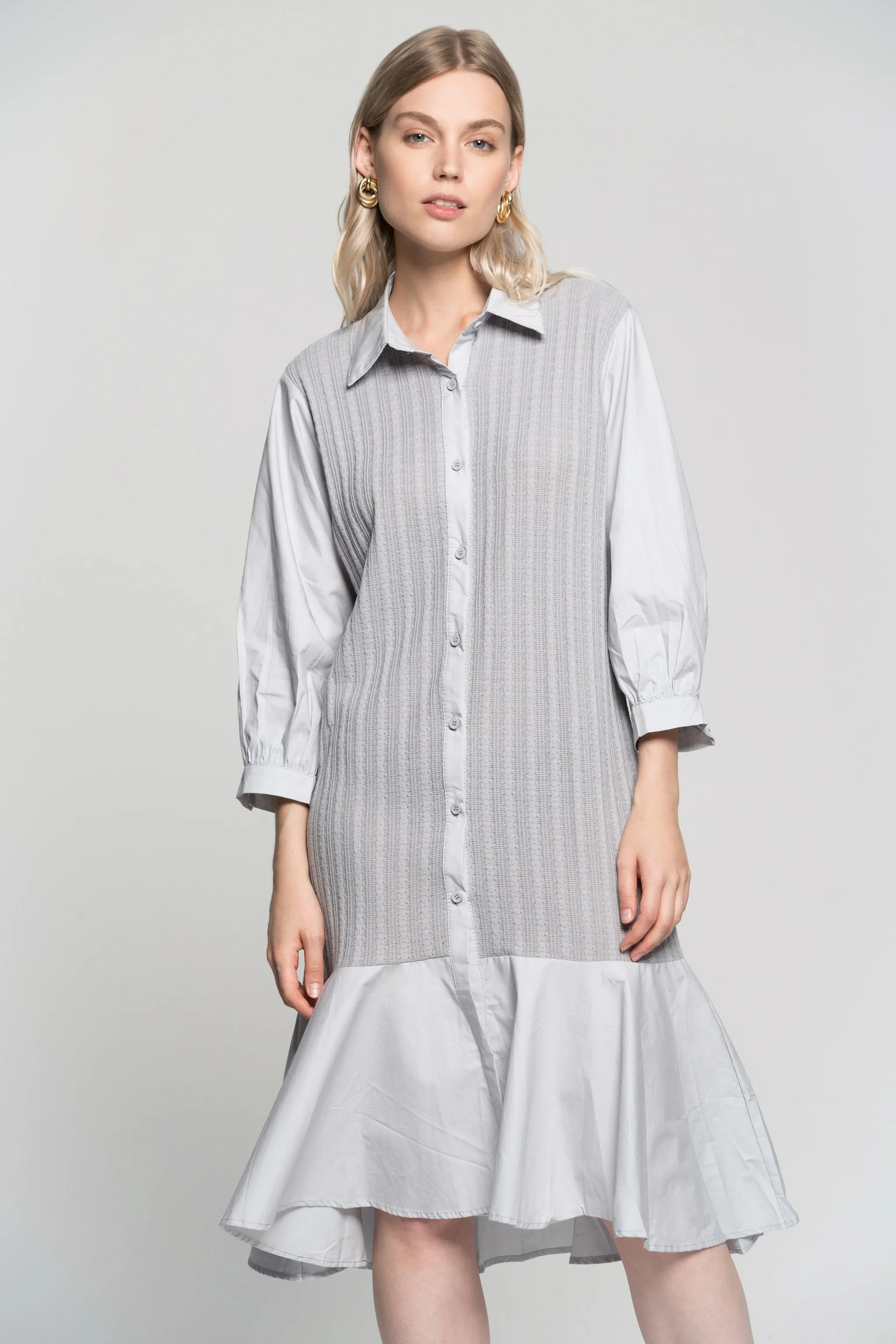 Grey Soft Button Up Pleated Midi Dress