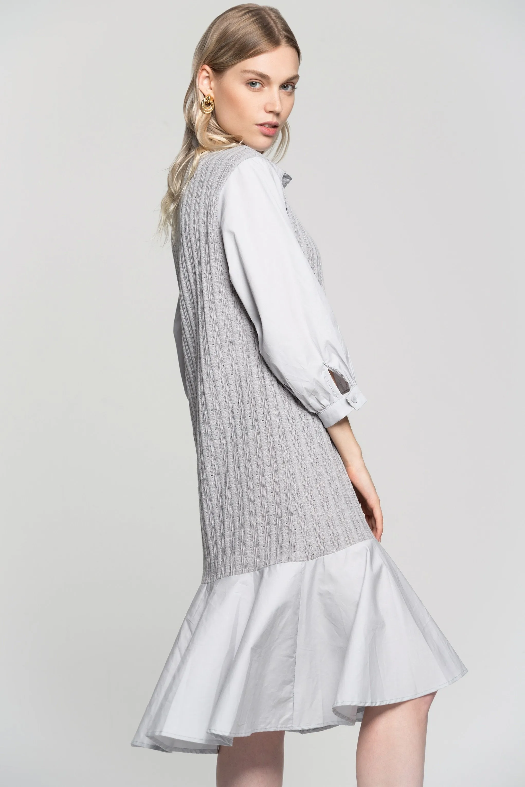 Grey Soft Button Up Pleated Midi Dress