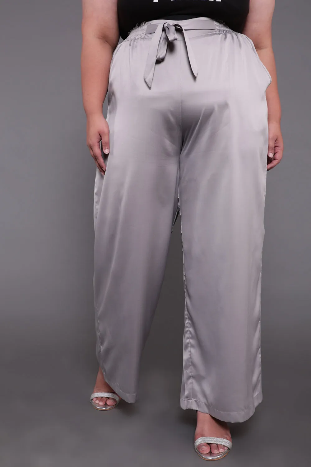 Grey Solid Satin High Waist Pants