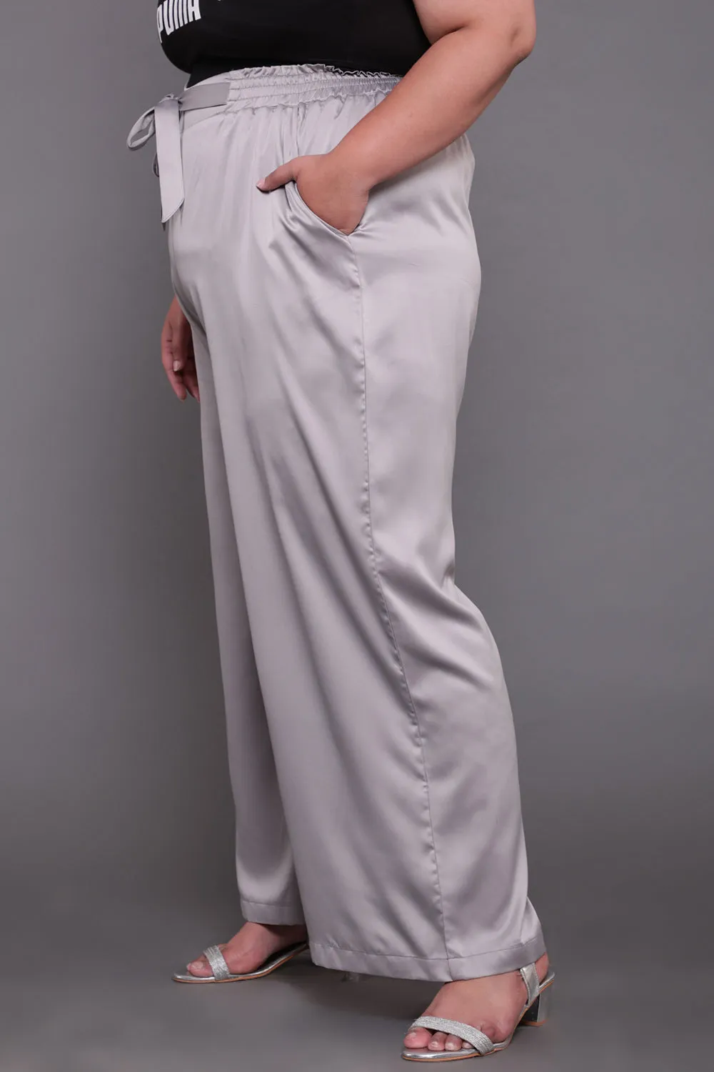 Grey Solid Satin High Waist Pants