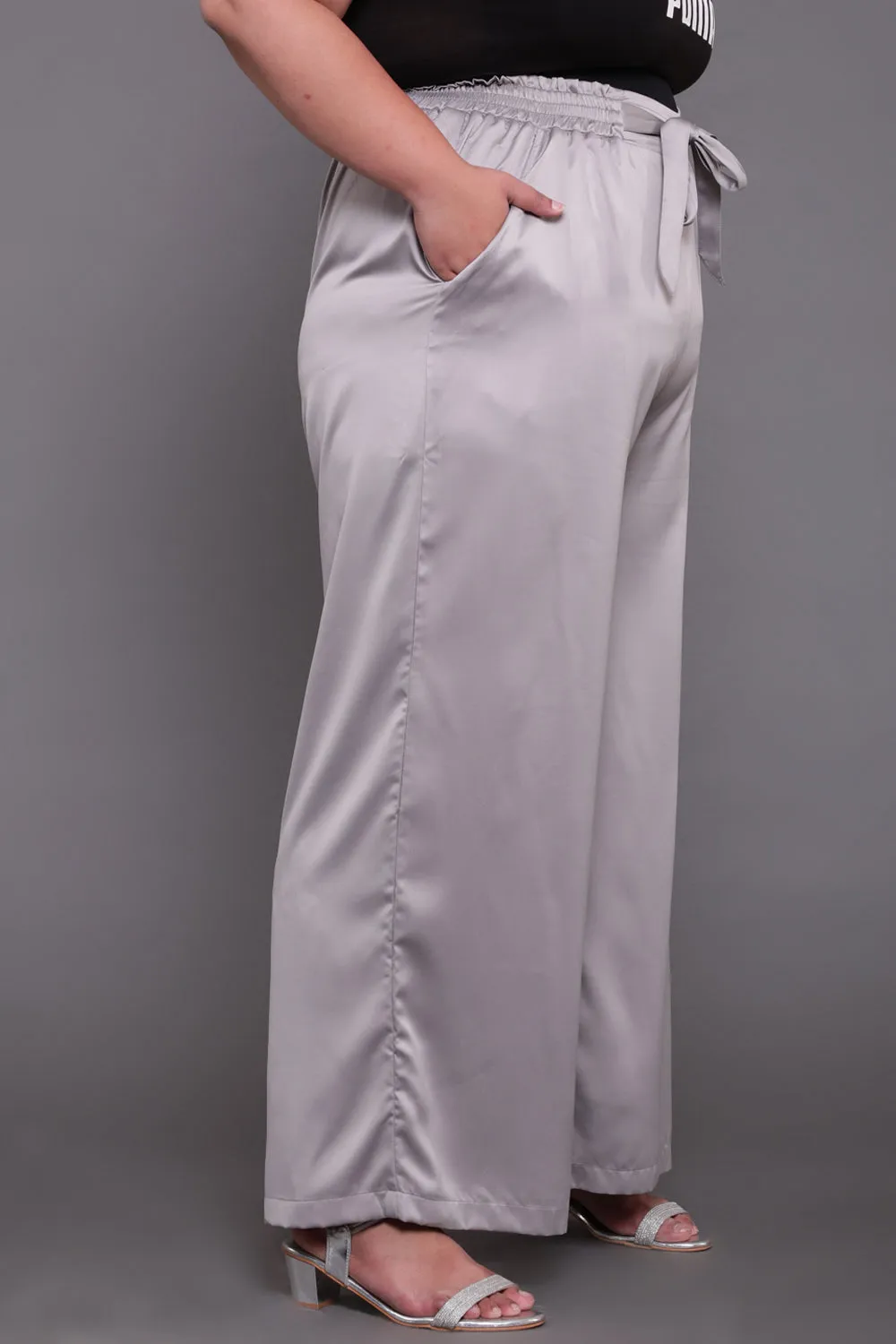 Grey Solid Satin High Waist Pants