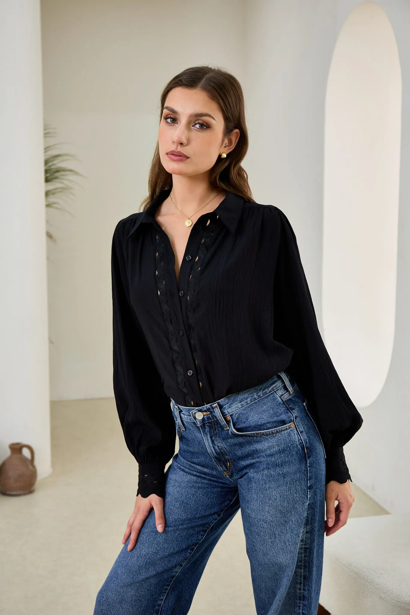 Gwen Black Ric Rac Blouse