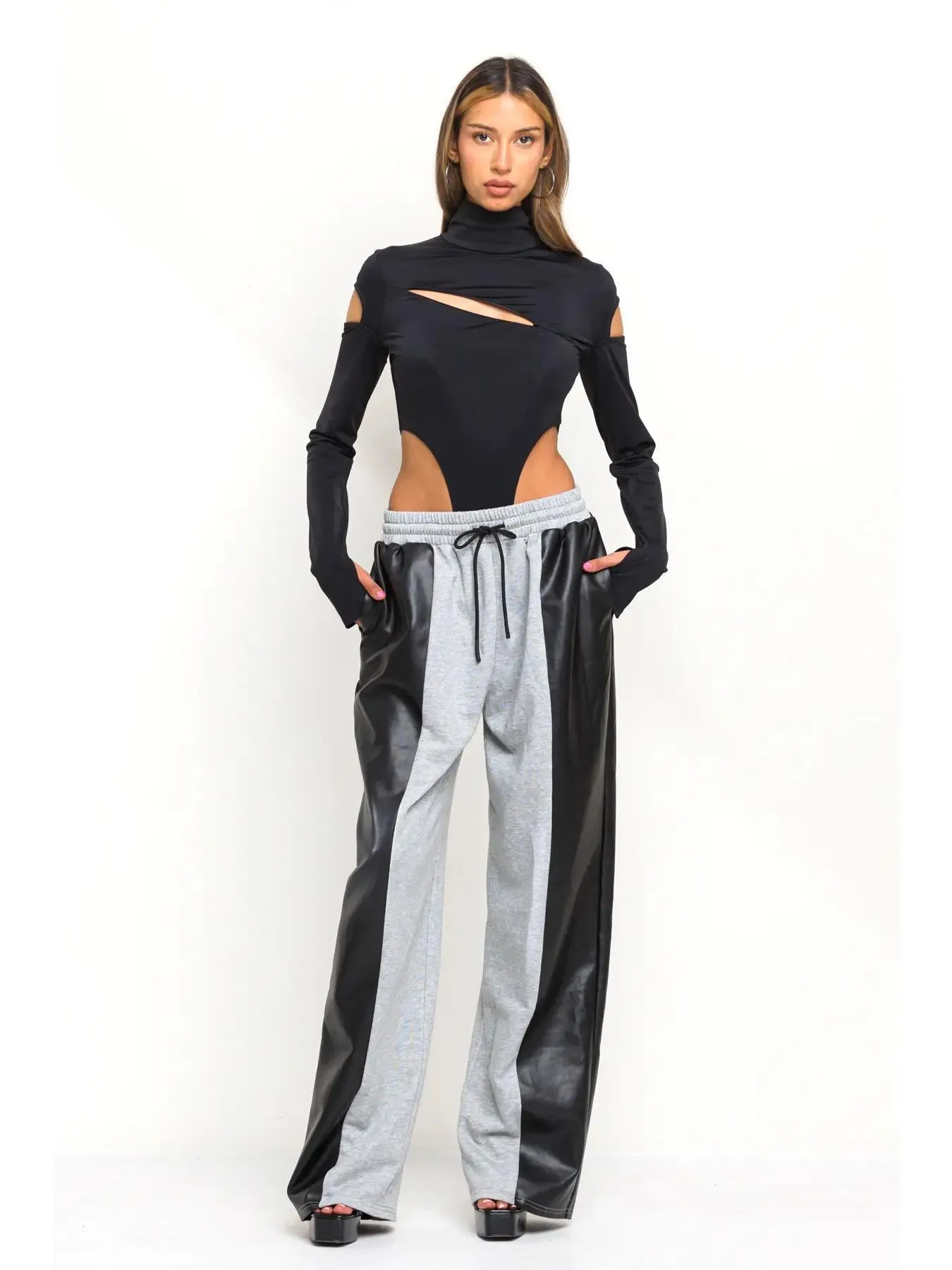 Half and Half Faux Leather Detail Sweatpants