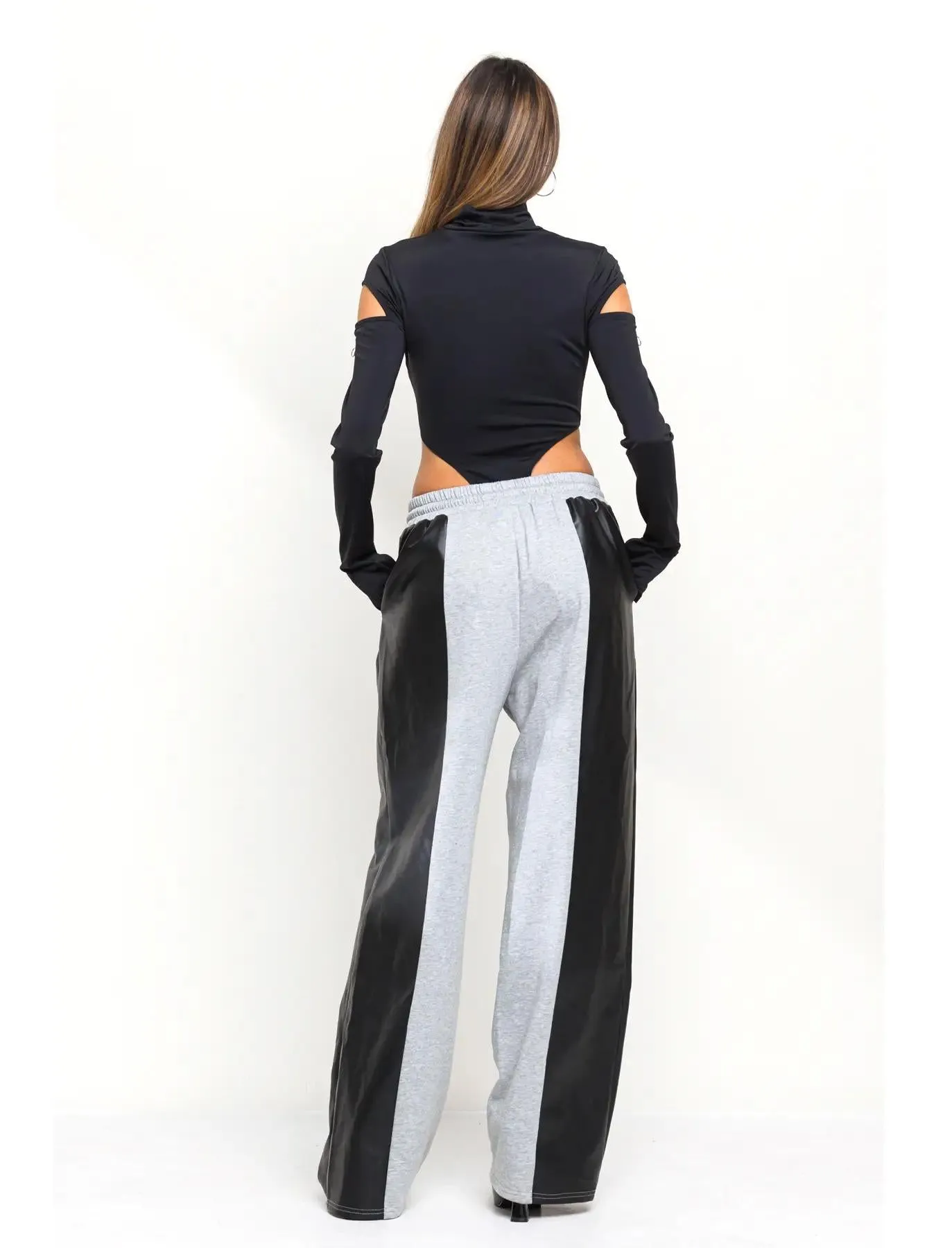 Half and Half Faux Leather Detail Sweatpants