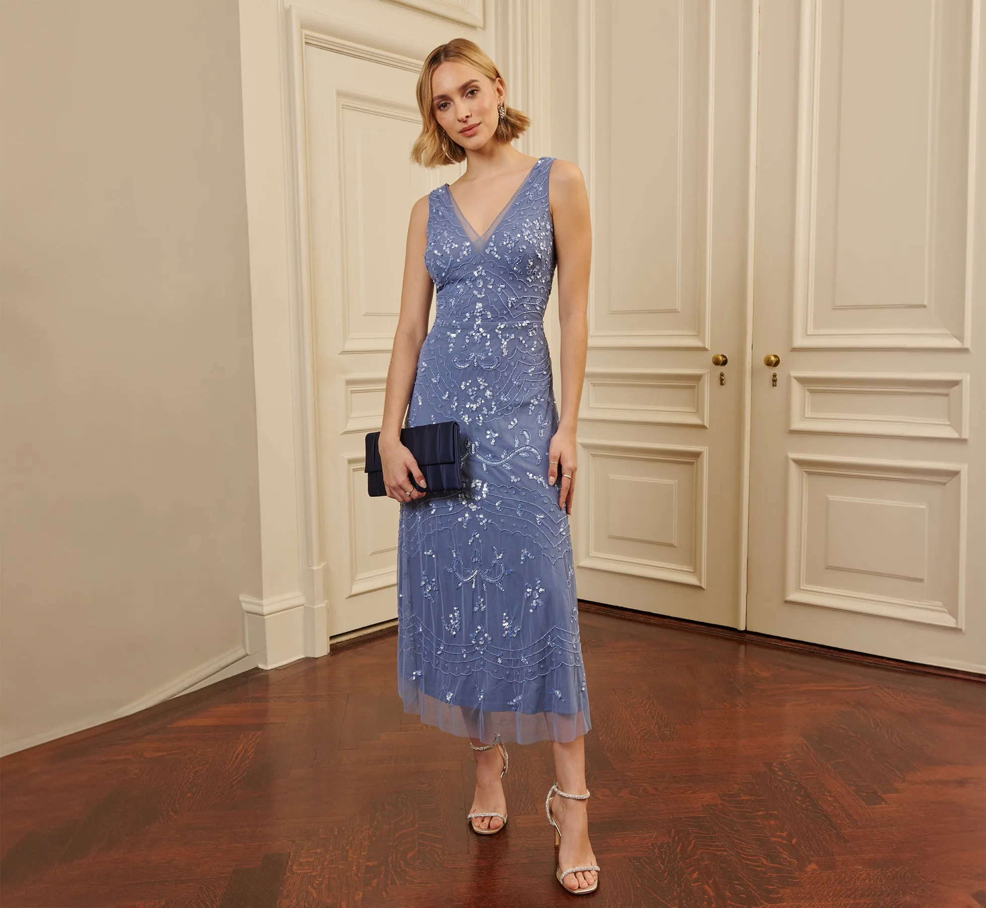 Hand-Beaded Ankle-Length Dress In French Blue