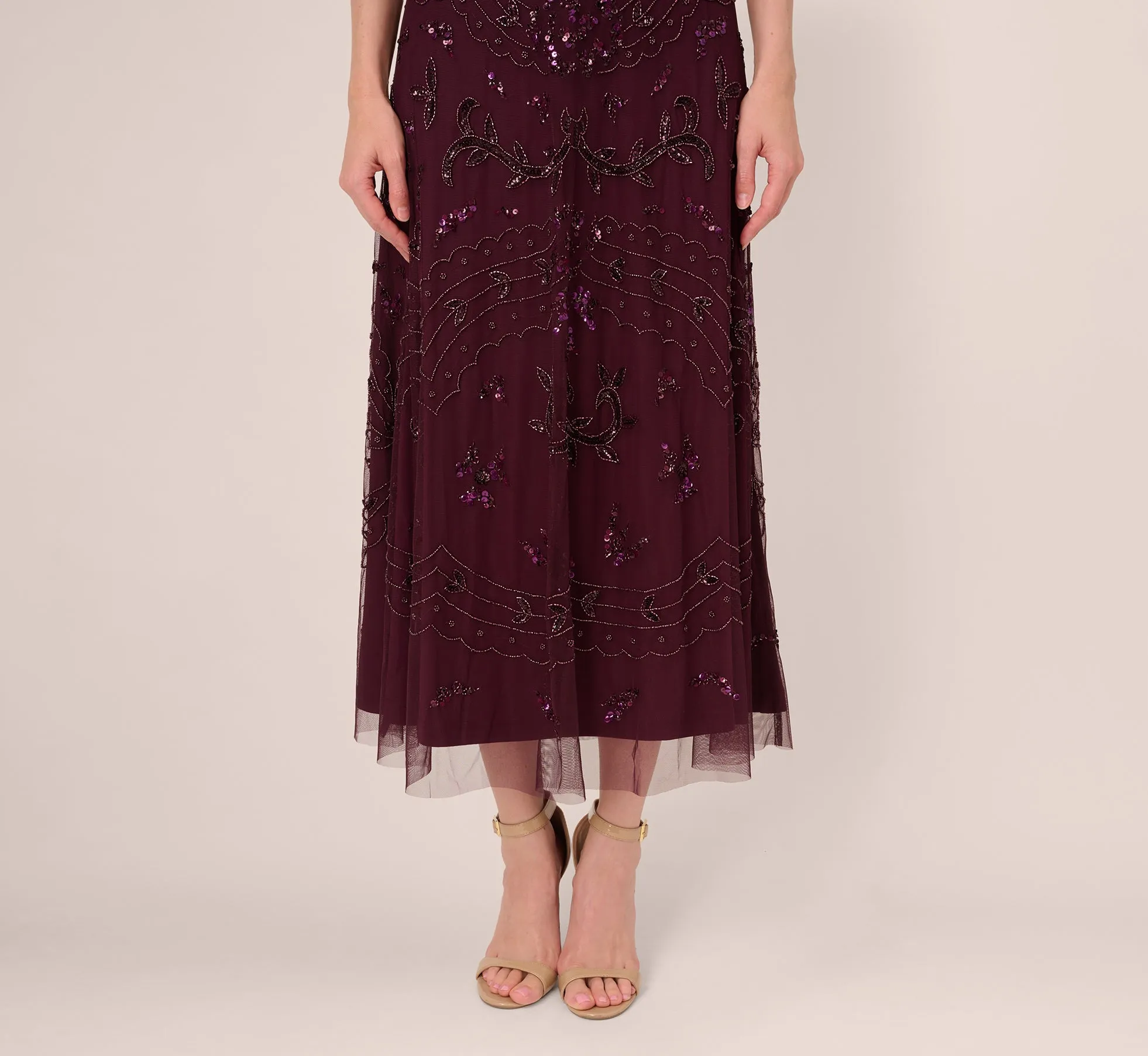 Hand-Beaded Ankle-Length Dress In Night Plum