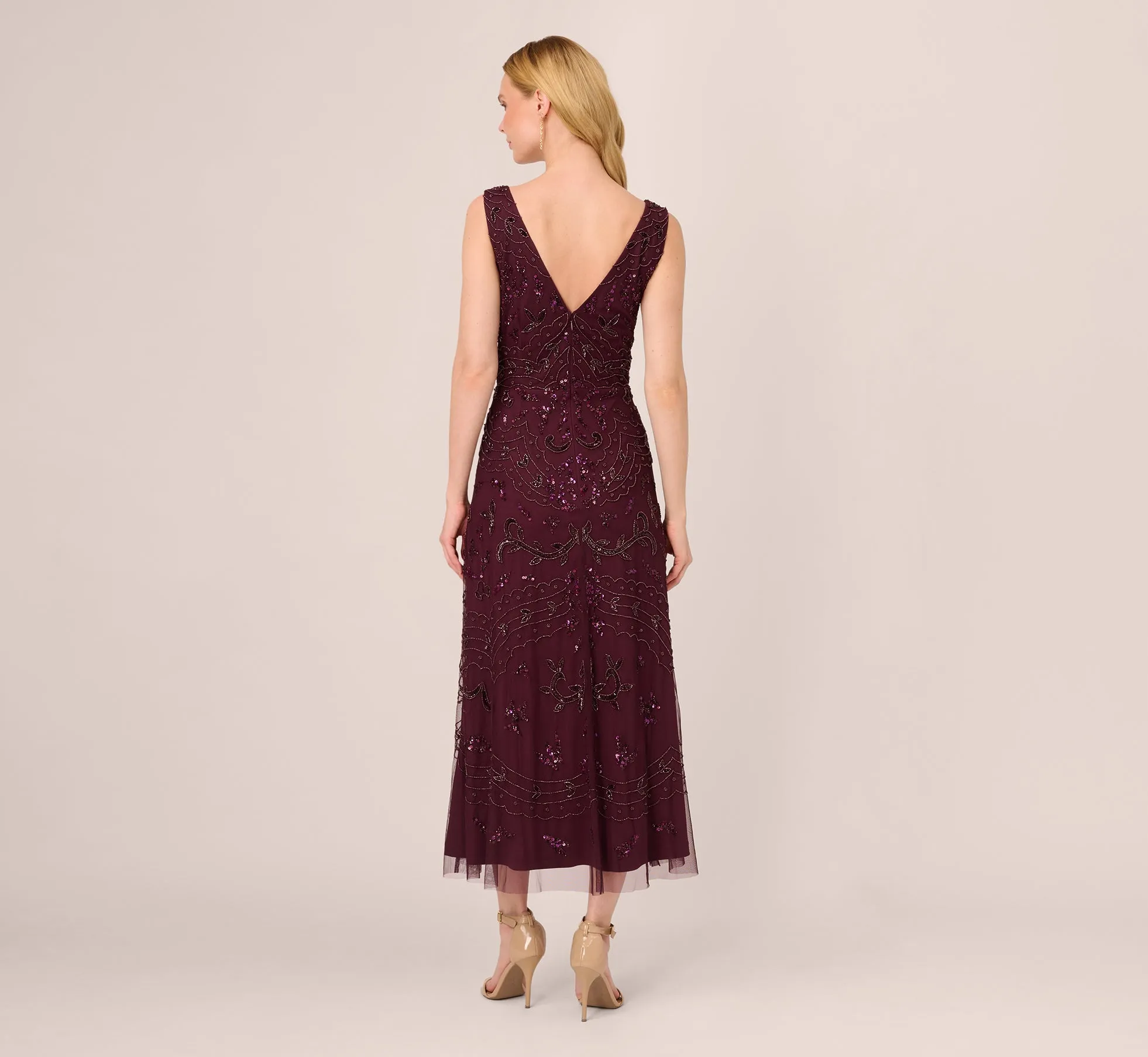 Hand-Beaded Ankle-Length Dress In Night Plum