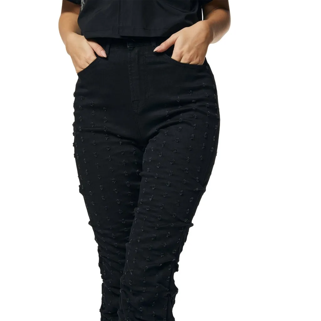 High Rise Punched Bootcut Denim Jeans - Deep Black