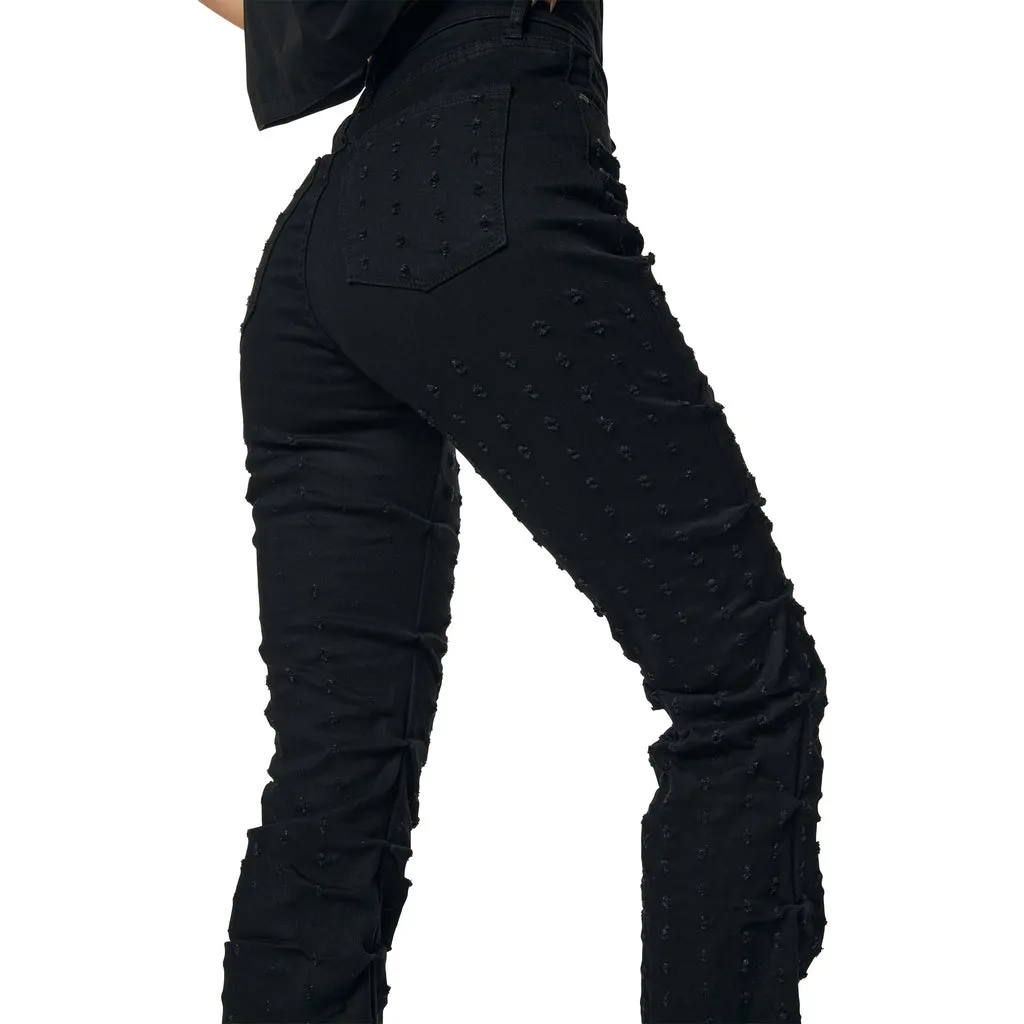 High Rise Punched Bootcut Denim Jeans - Deep Black