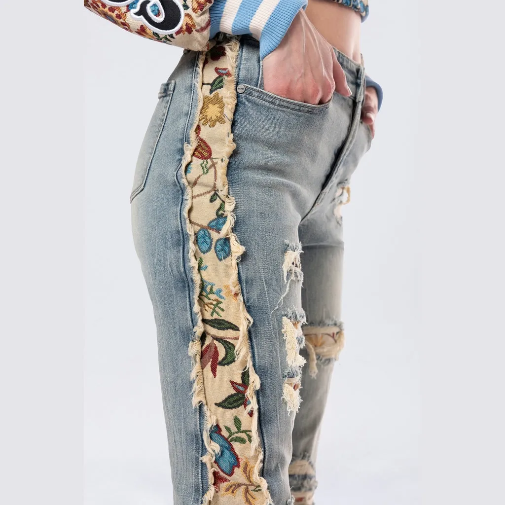 High Rise Tapestry Bootcut Jeans - Alpine Blue